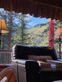 View looking out from inside the cabin.