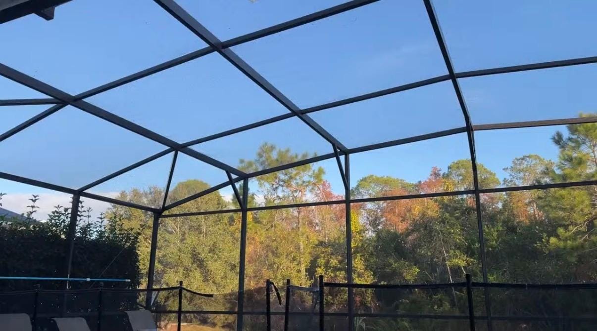 Screened in pool area to avoid any Florida bugs, with direct view of treeline. Enjoyable for quiet breakfast.