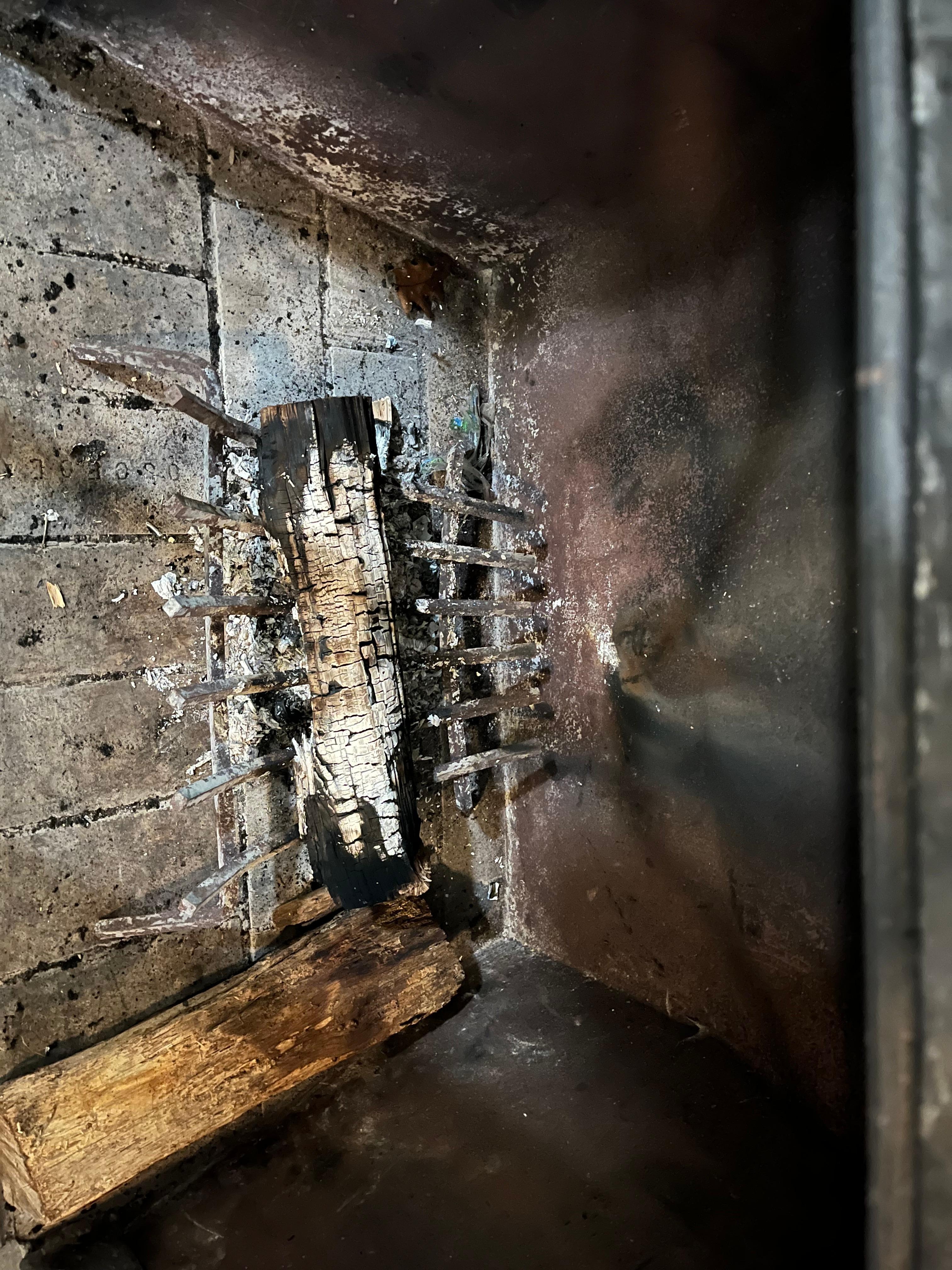 the fireplace was filled with smelly old half-burned logs.