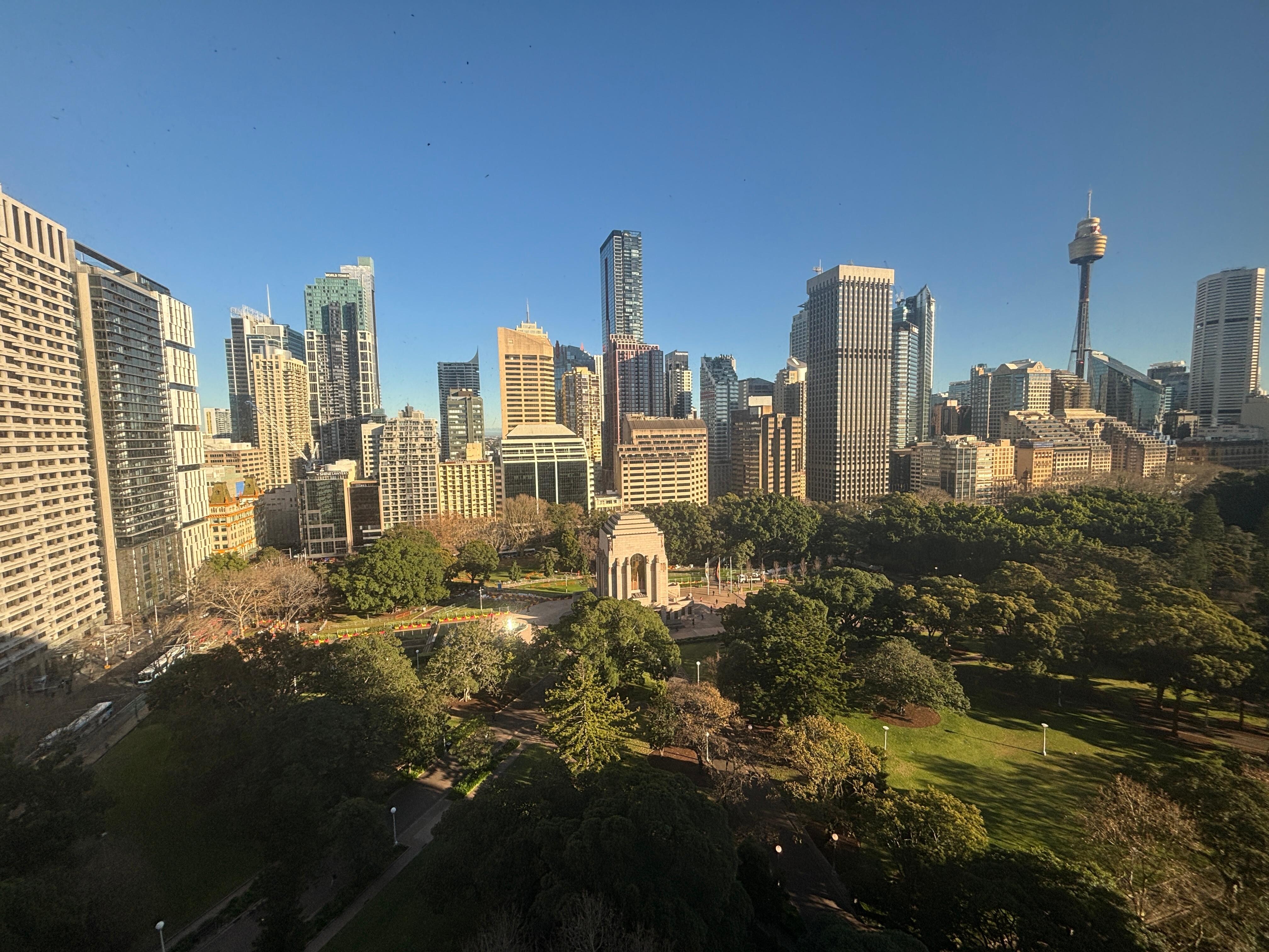 Window view of Anzac Memorial and Hyde Park
