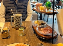 Breakfast served on a tray.