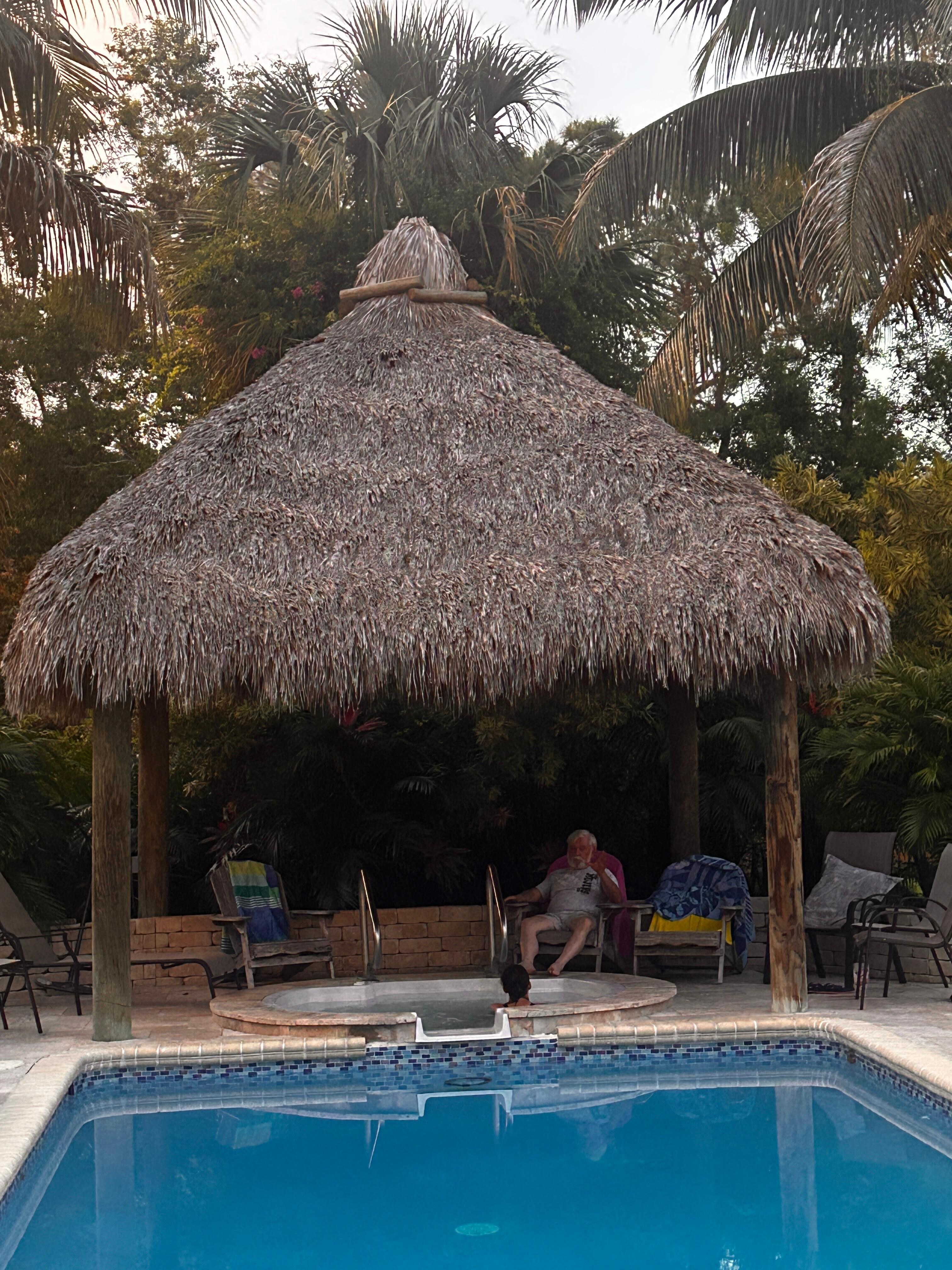 Thatched roof over hot tub hangout popular for us as much as the pool!