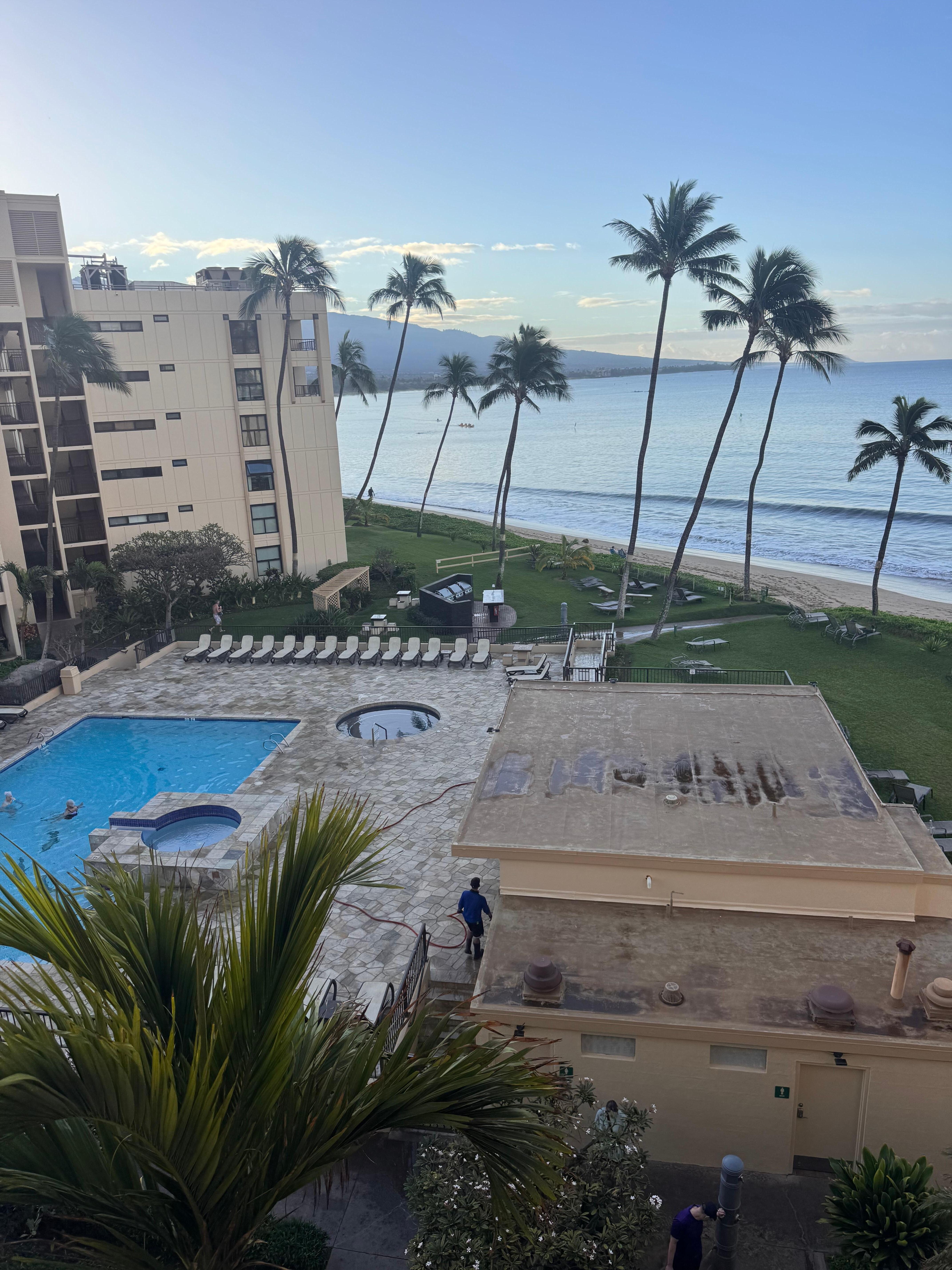 View from stairway to pool area 