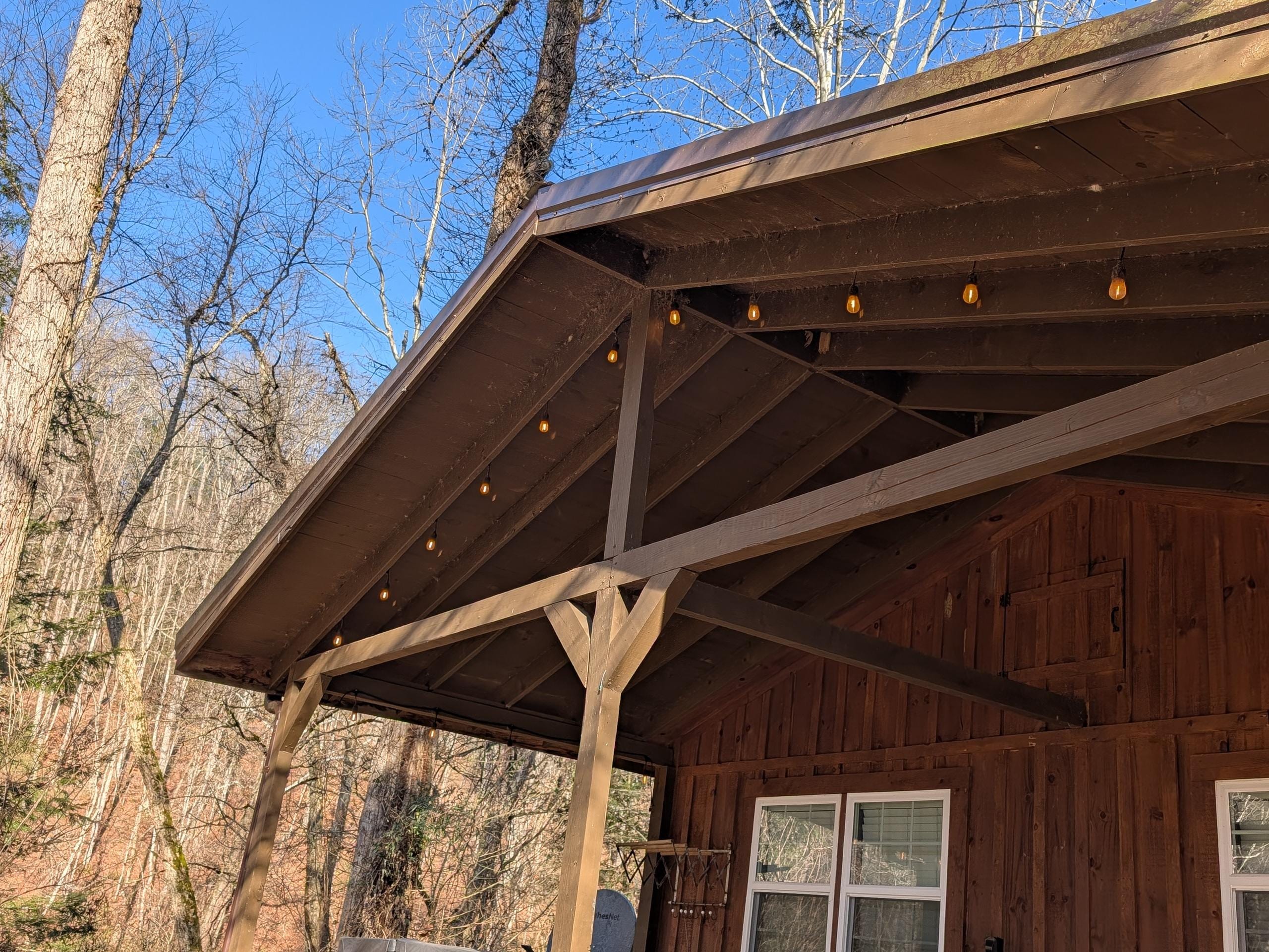Lights on the eaves make it easy to see the cabin in the dark