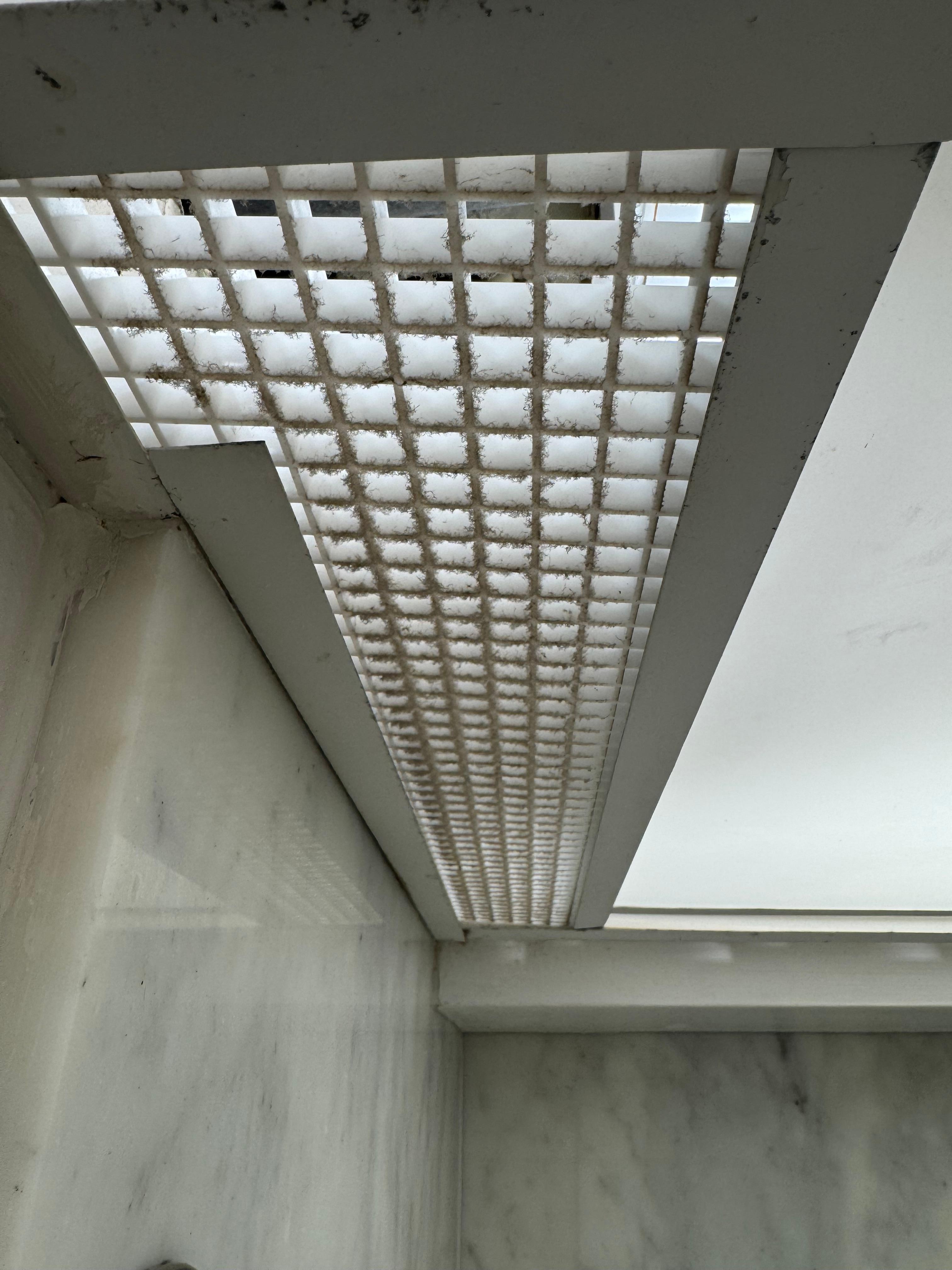 Dust on ceiling fan grill in bath.