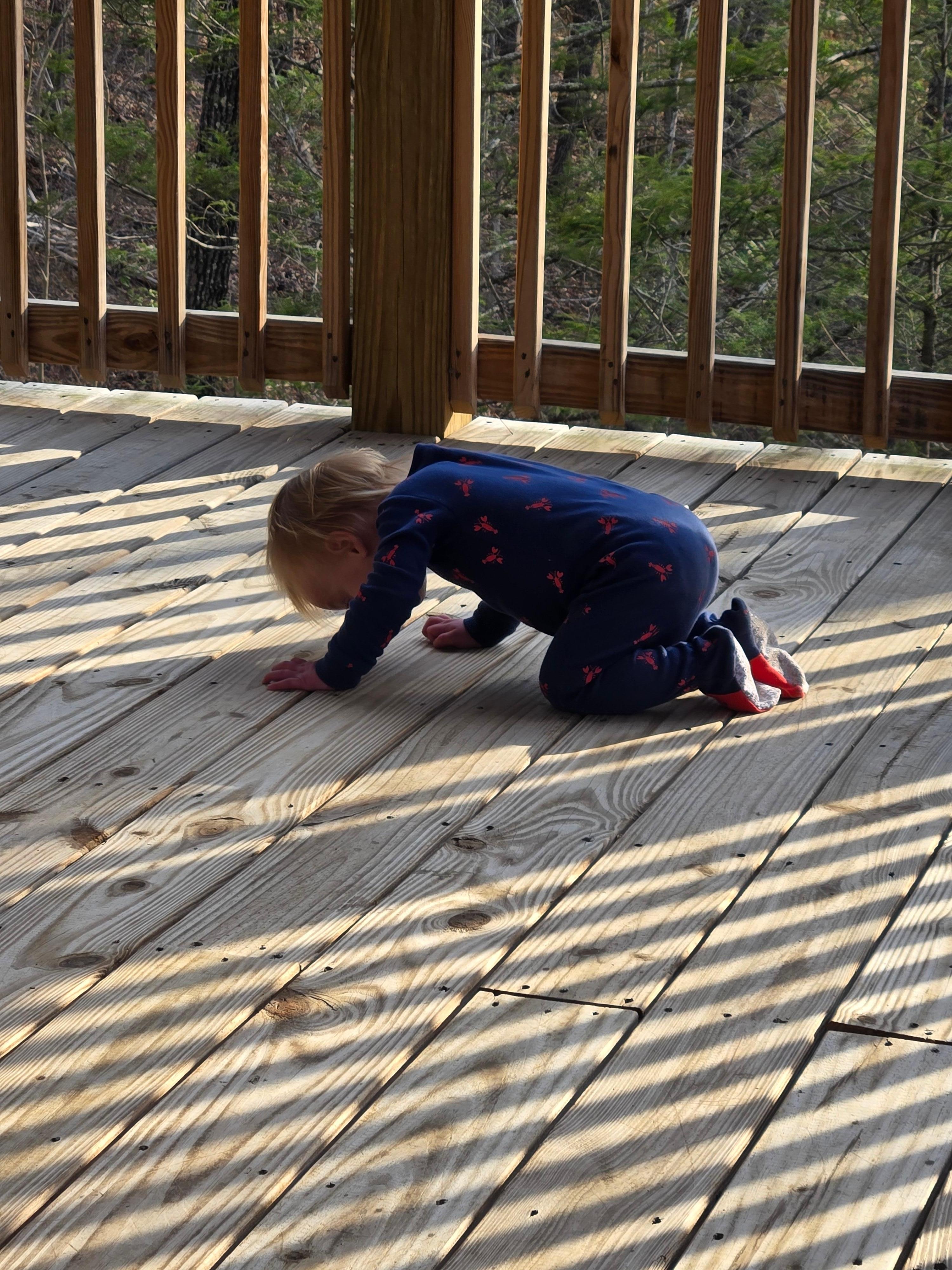 The only photo I have at the house is of my grandson looking through the slats to the deck down below because he heard his mom and dad in the hot tub 😄 it was a wonderful vacation!