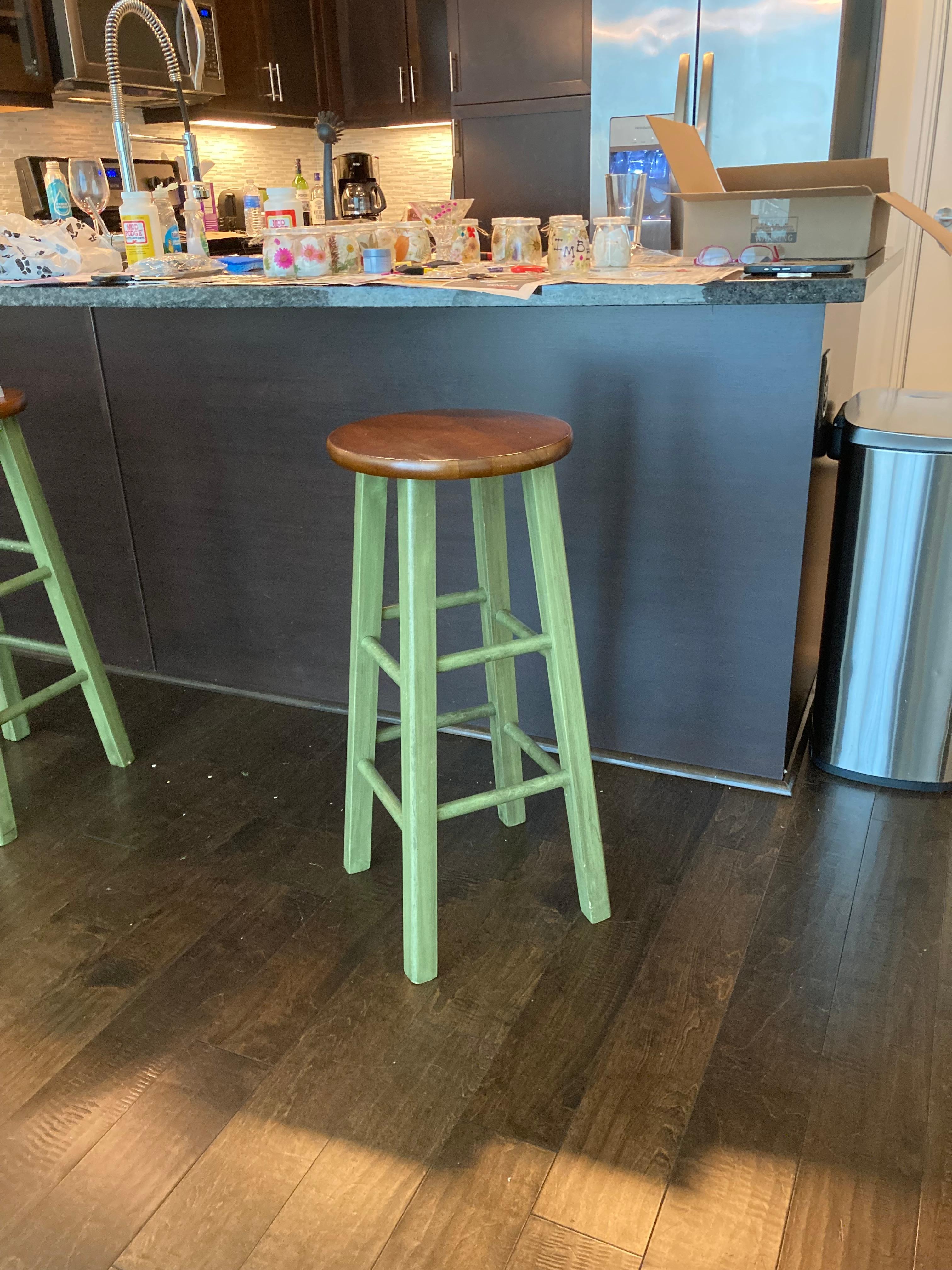 3 wooden bar stools, no back with 13" seats and one office chair for 4 adults

