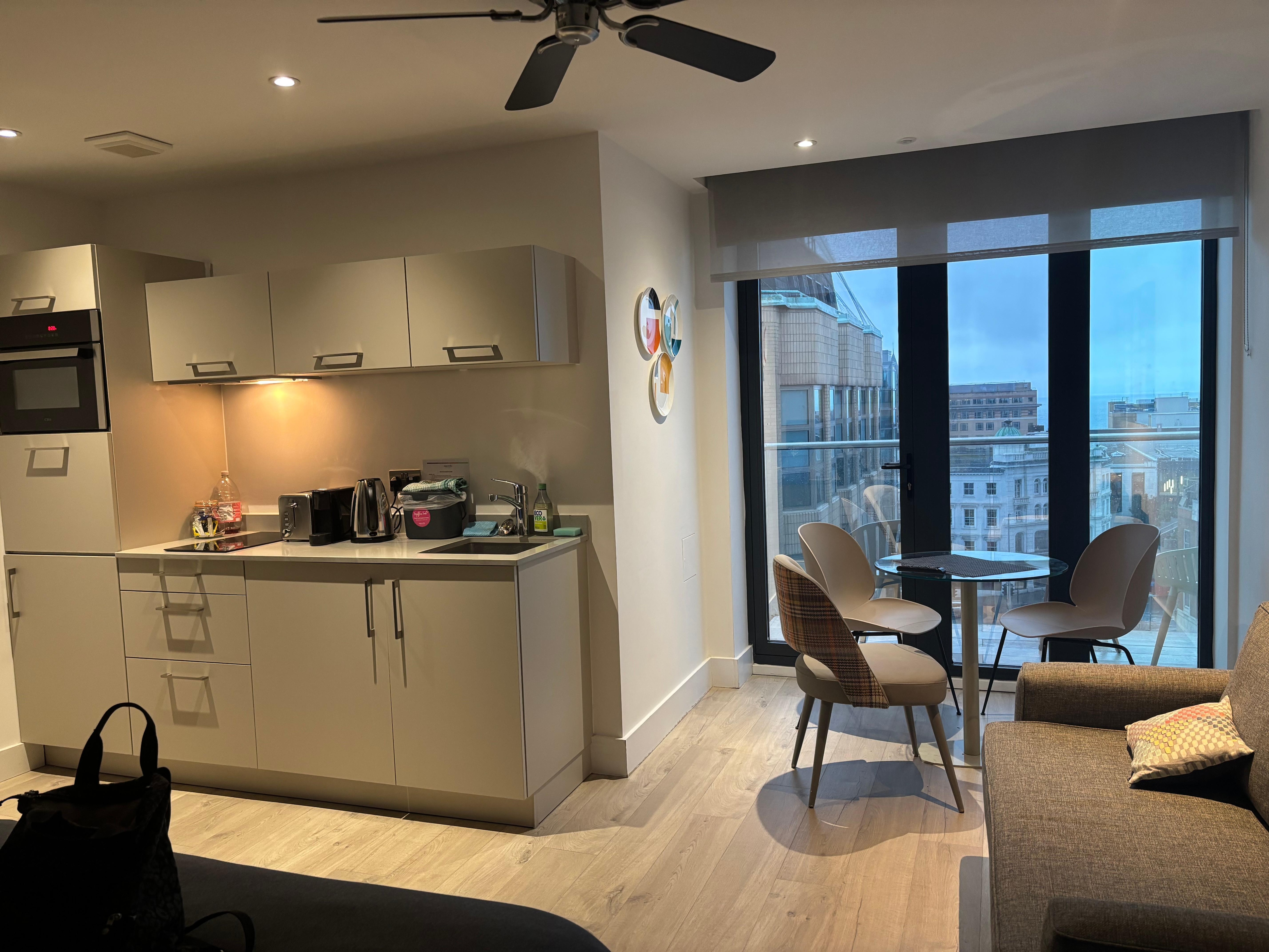 The kitchen and balcony next to Churchill centre 