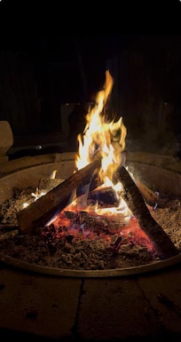 Family talks around the fire pit.