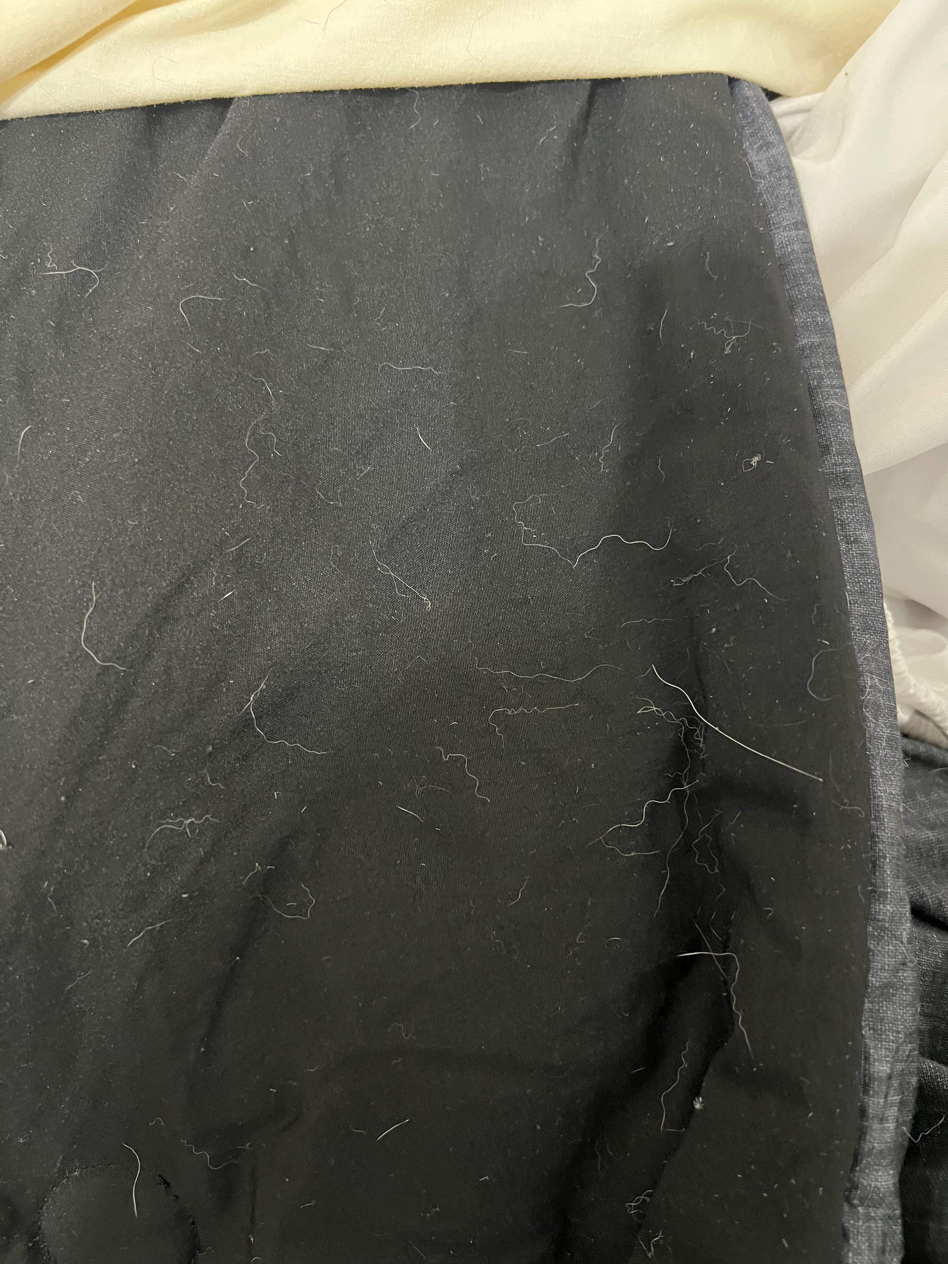 Comforter covered with dog hair. 