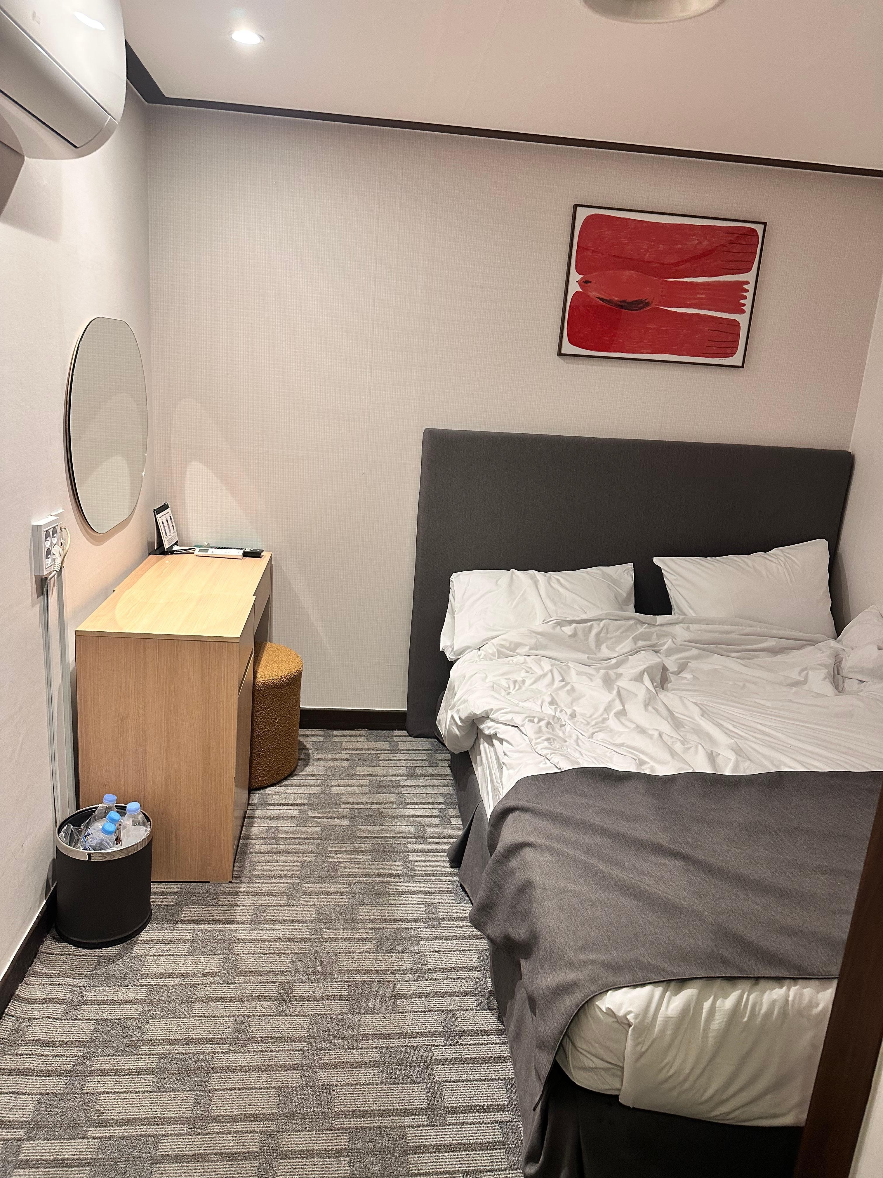 What you see from the entrance, small desk and bed.