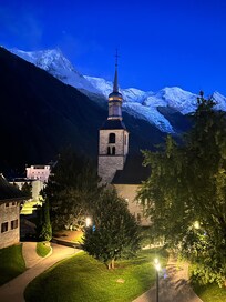 Evening view of Mont Blanc with church