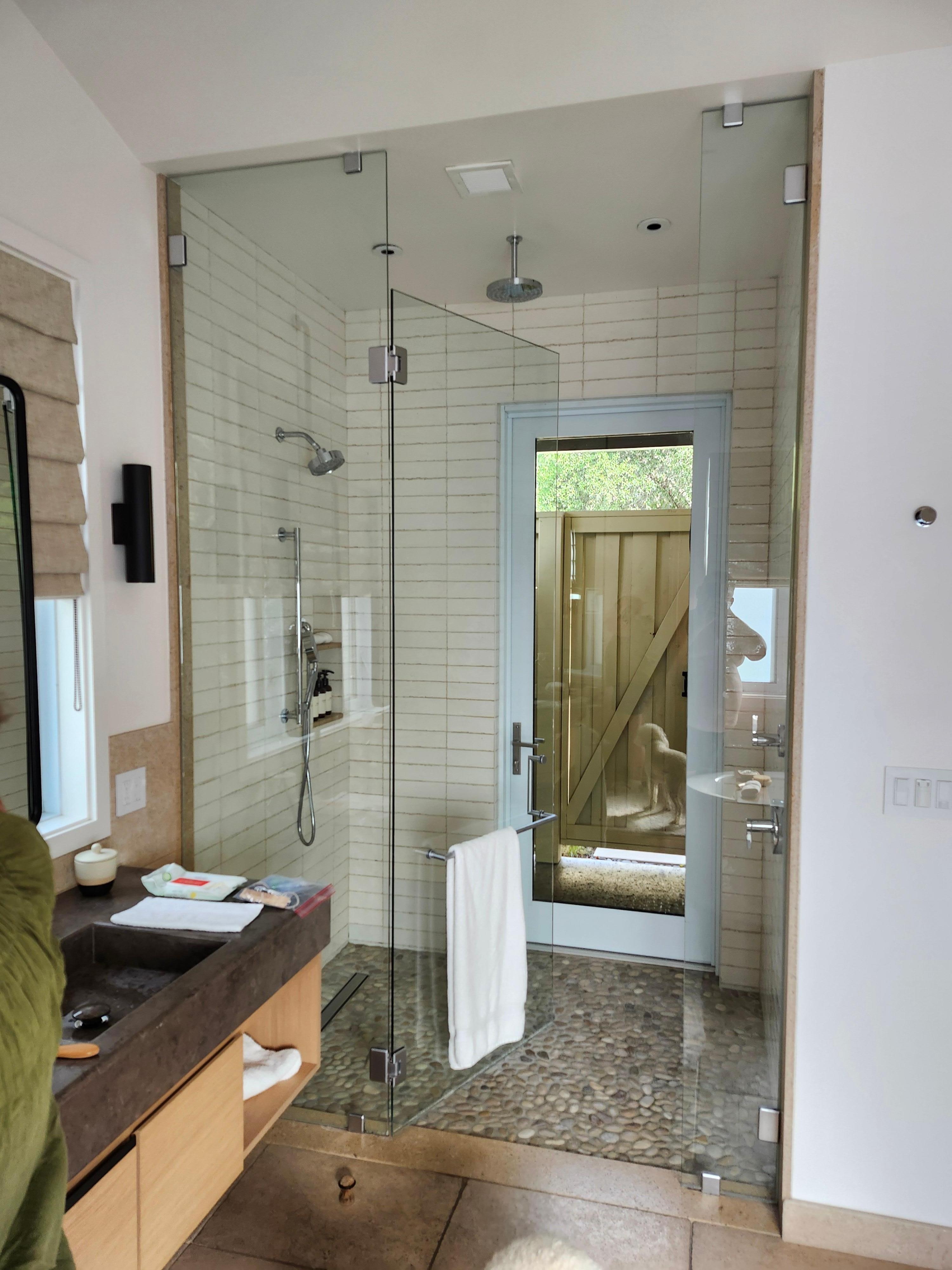 Large shower with door to outdoor tub!