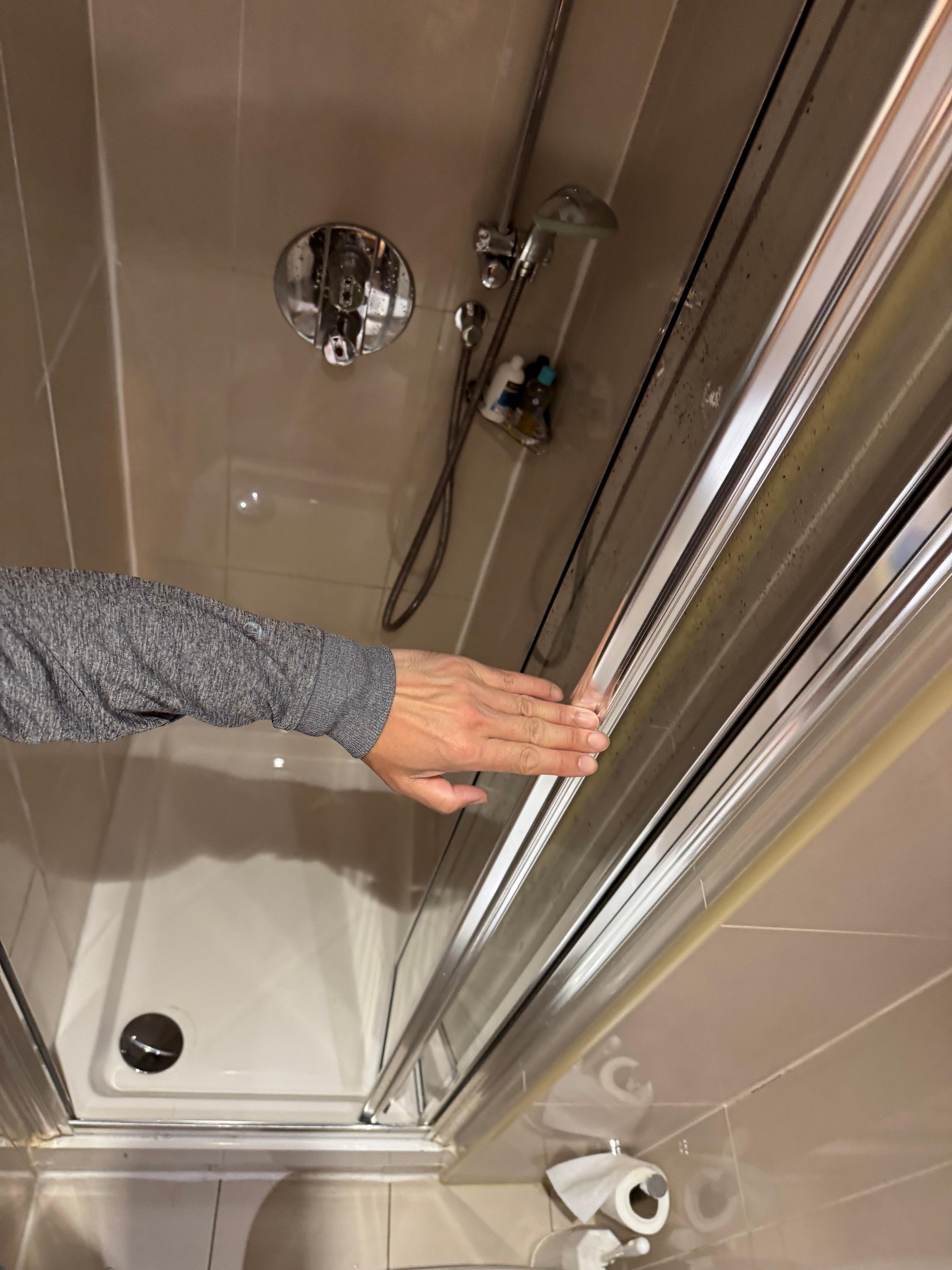 Forearm width shower. No shampoo, conditioner or body wash.