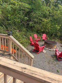 Firepit area full of weeds.