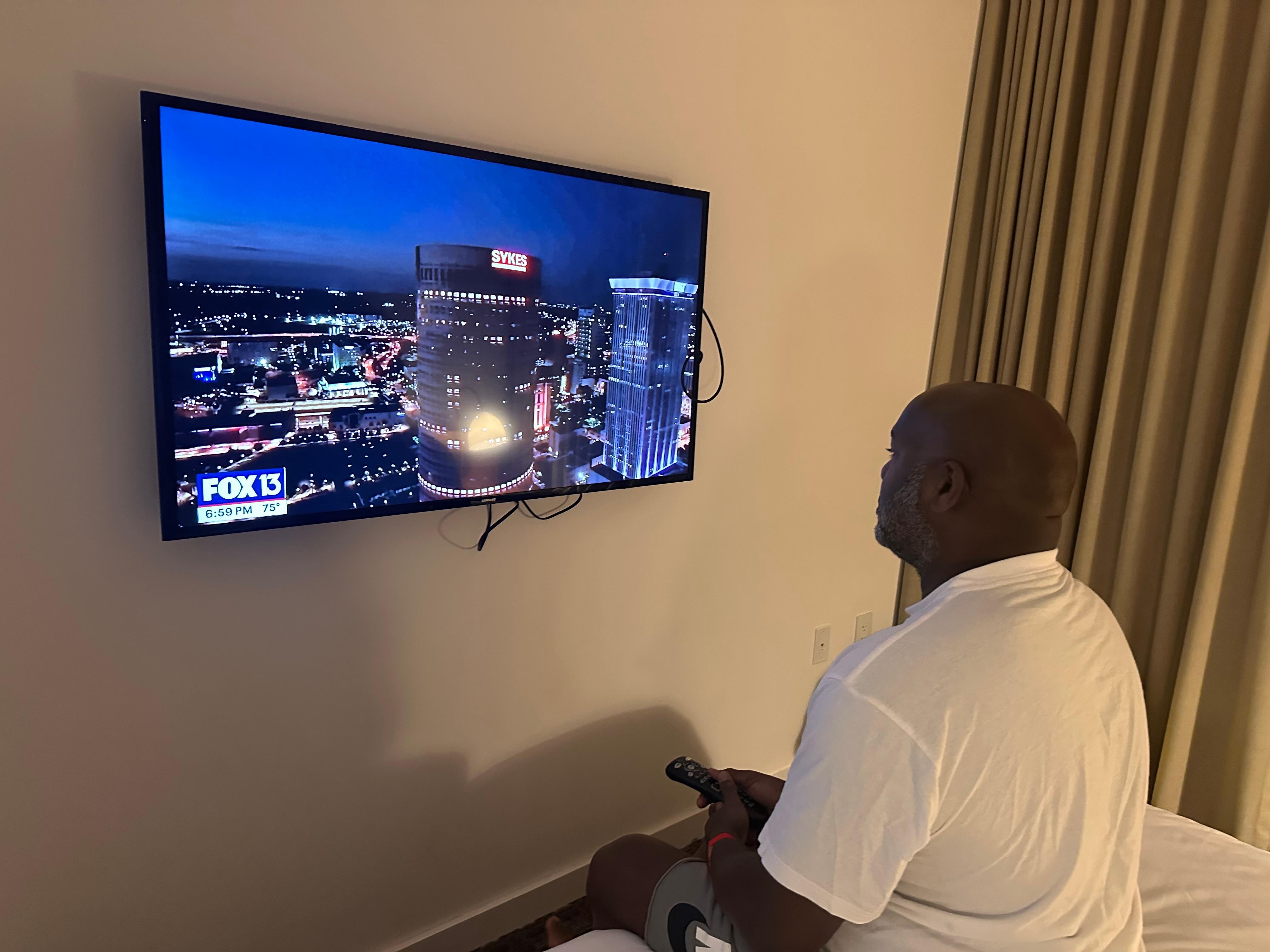 This is how we had to watch tv. It was to close to the bed.