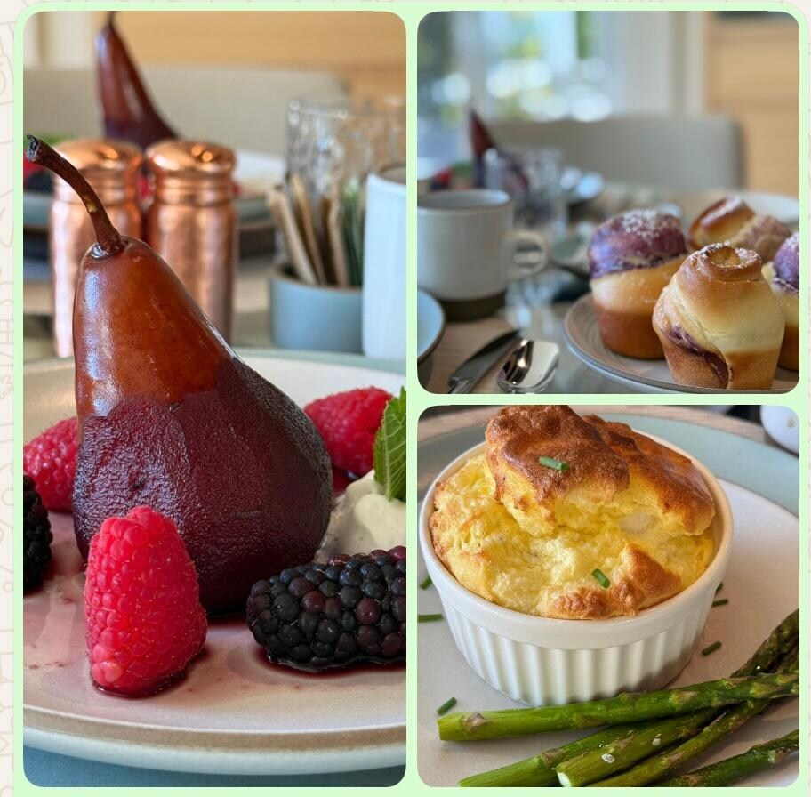 Egg soufflé, fresh blueberry muffins and poached pear, coffee and tea as well.