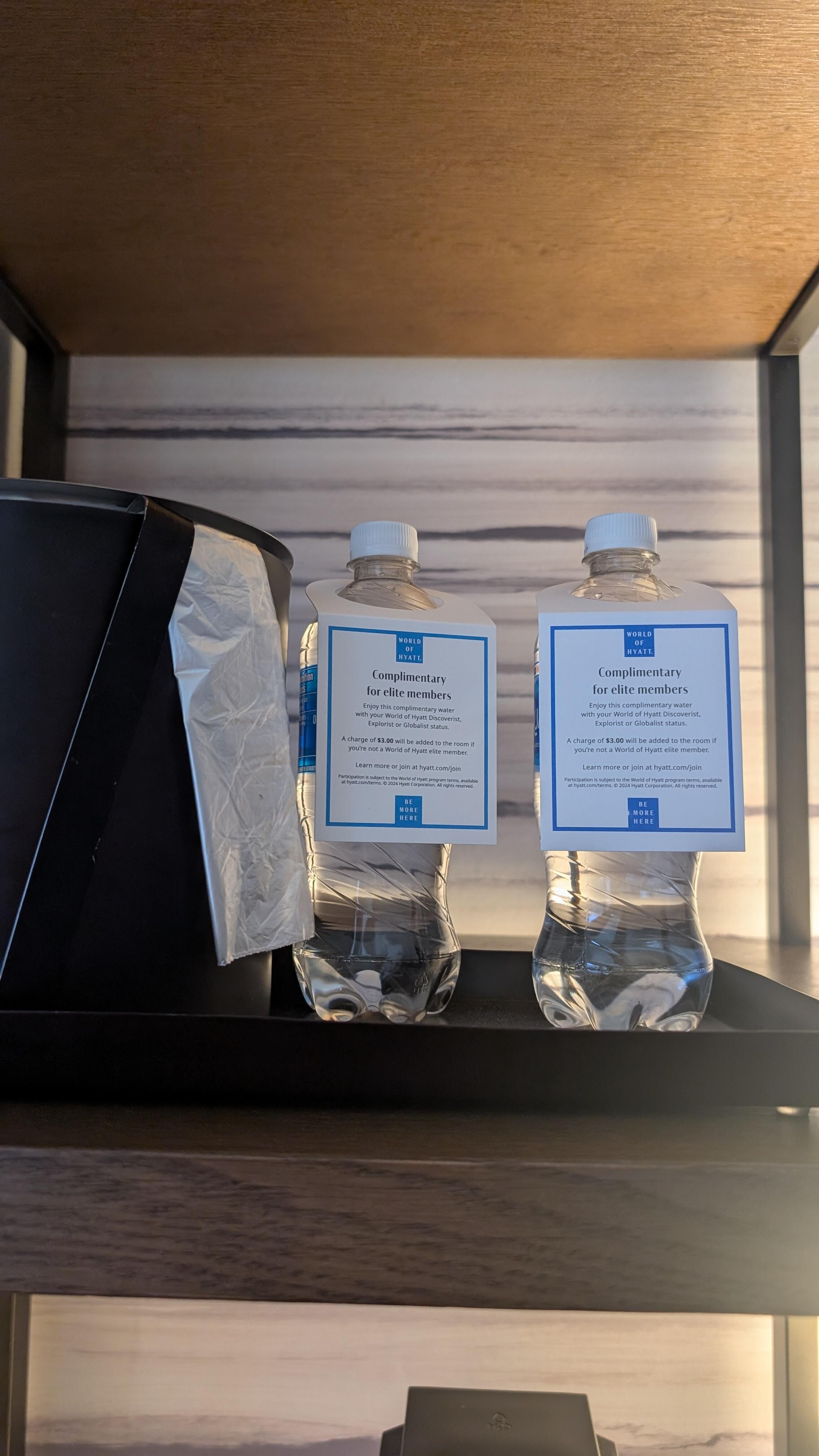 Complimentary water only for Elite members - or you'll be charged. Just awful considering there are no water fill stations on any floors and it was 105 degrees out.