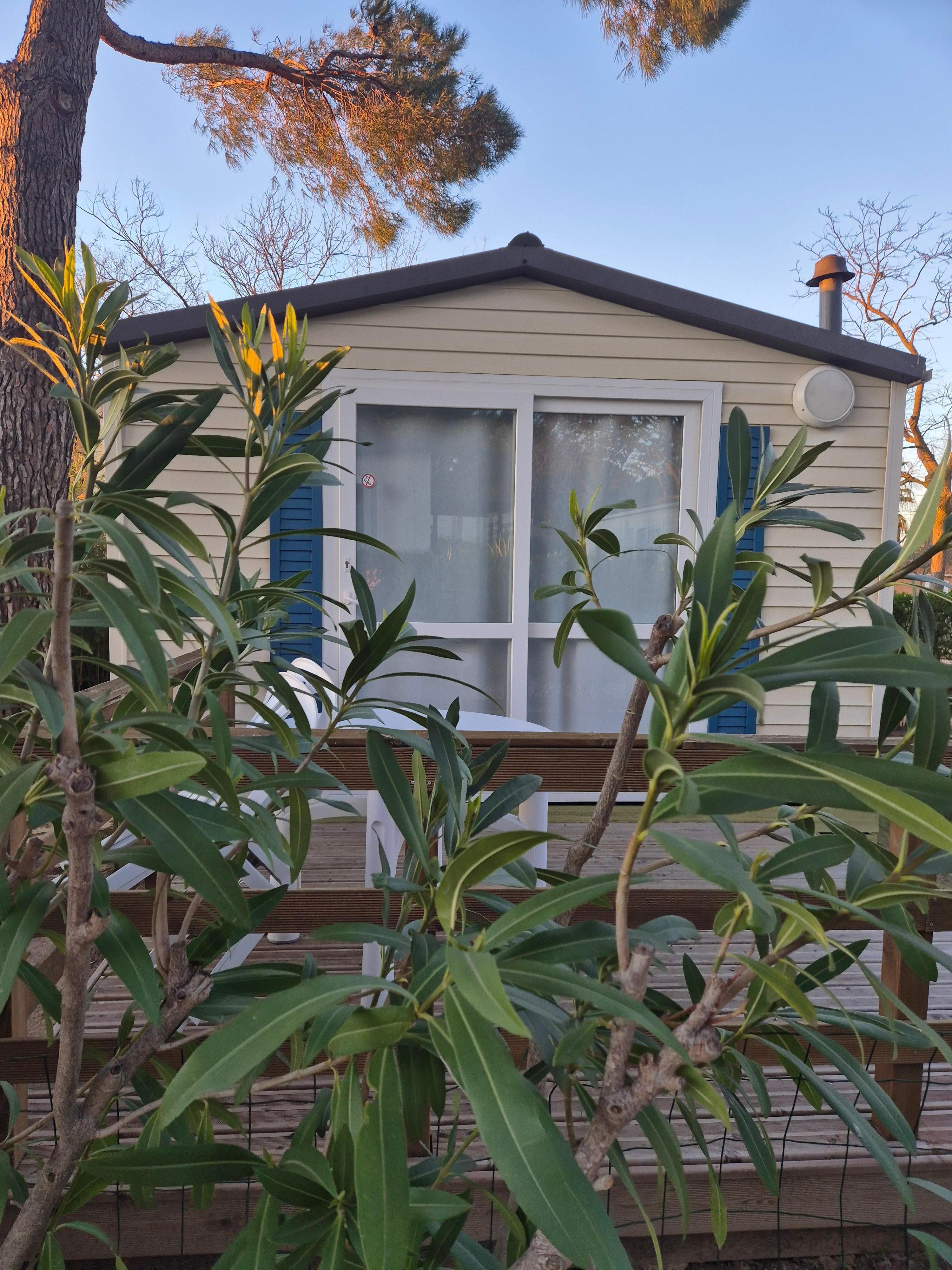 Le mobile home et sa terrasse