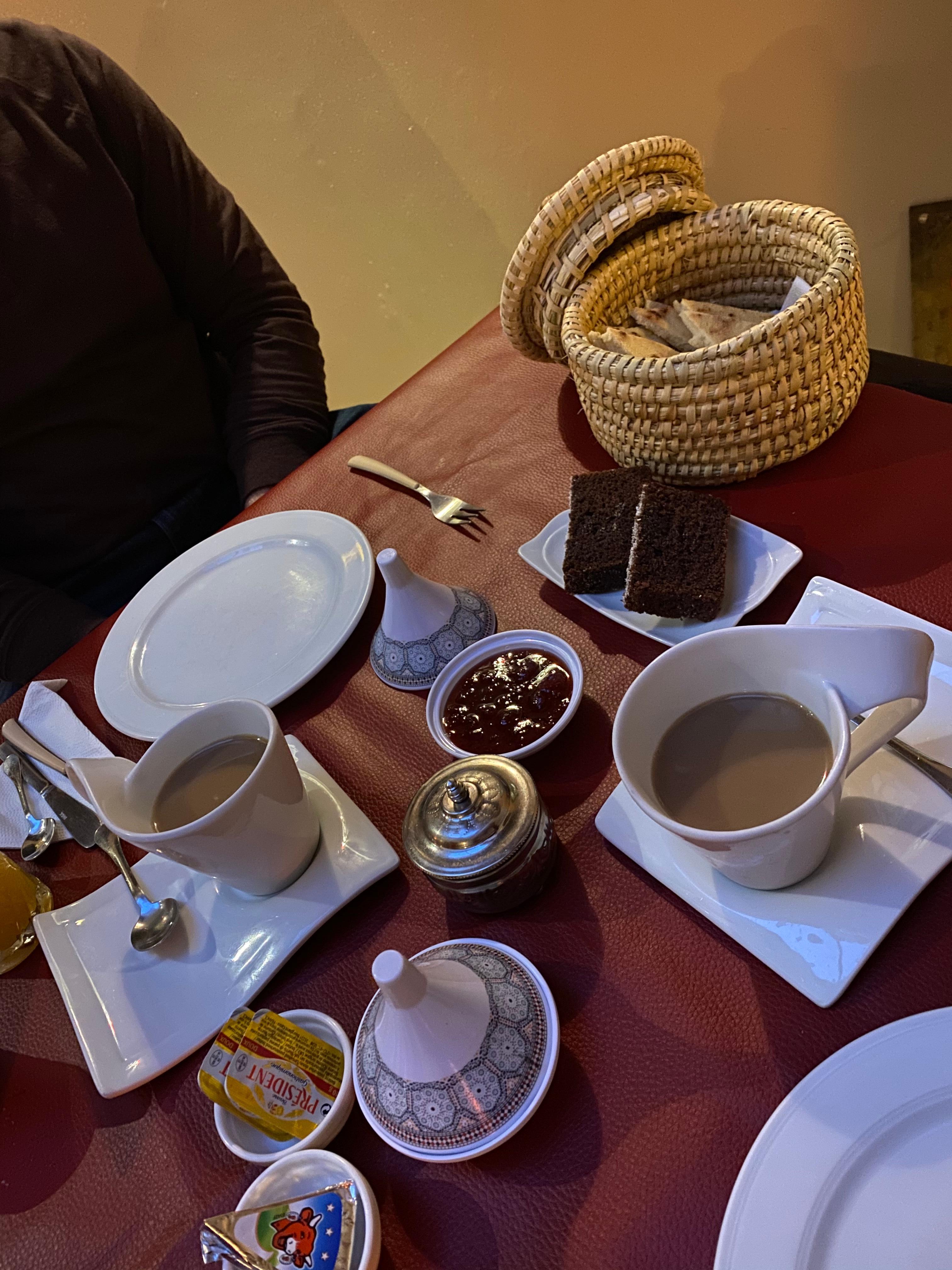 Breakfast was a feast! It included various breads, crepes, eggs, yogurt, jam, honey, cheese.