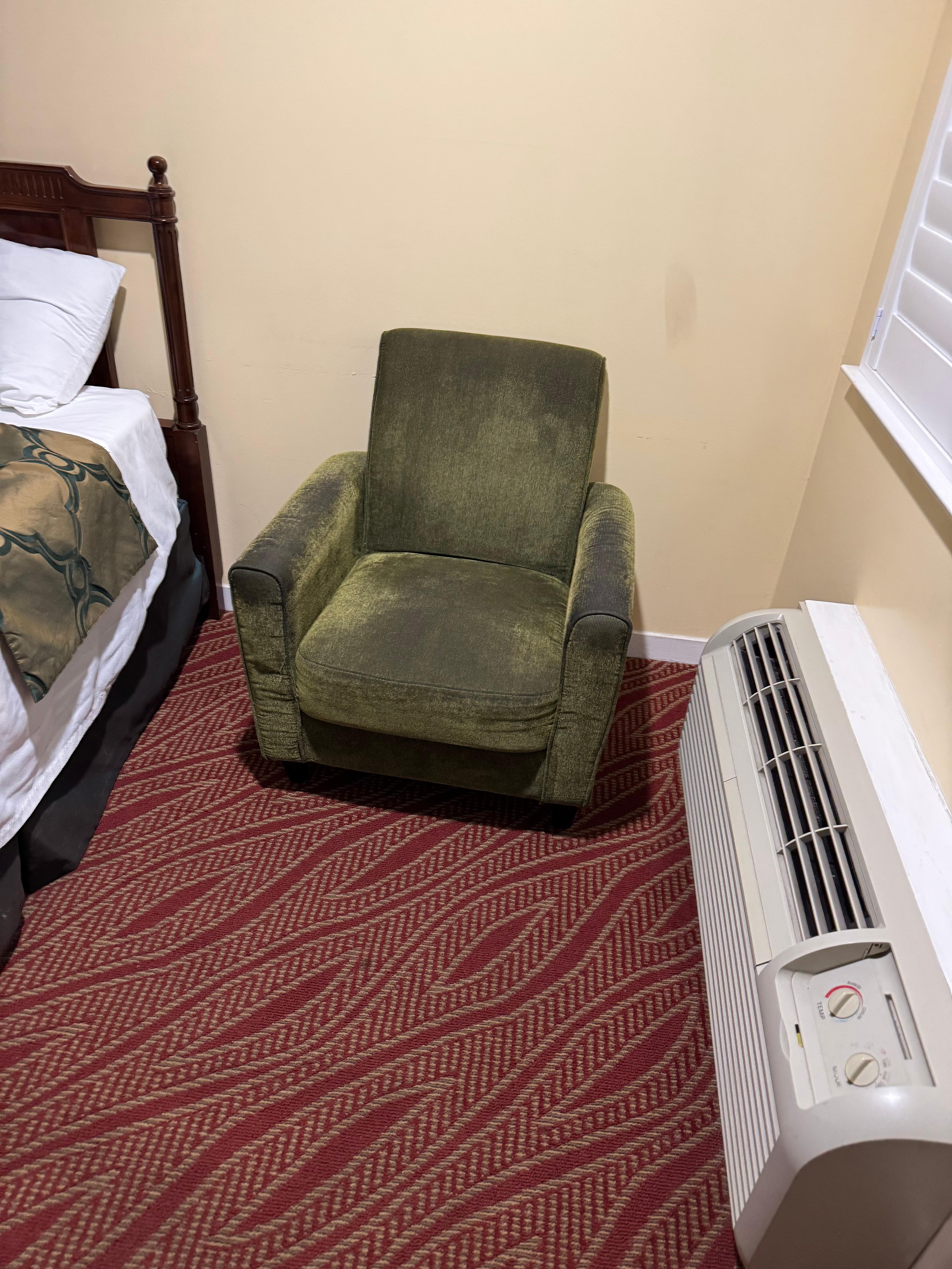 Greasy and Dirty Chair in room 142 along with someone’s condom box proof room was never properly cleaned. Or inspected by management making sure there rooms were in satisfactory condition 