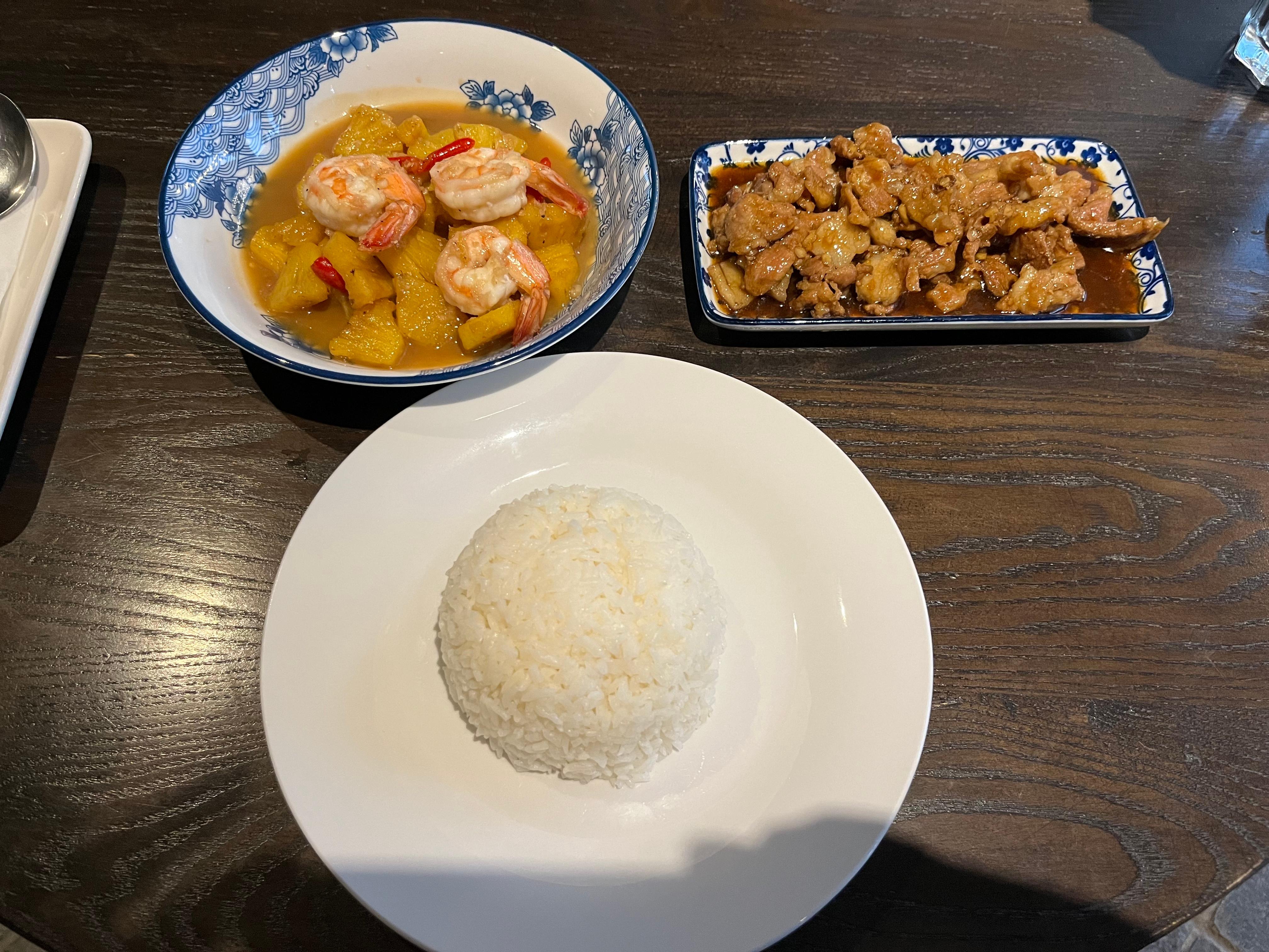 Pineapple/shrimp stir fry, stewed pork & sticky rice 