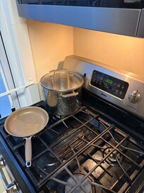 Stove top with dirty pots and pans