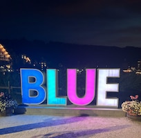 Night view of the famous Blue sign! Such a quaint village with loads of restaurants and shoppes!