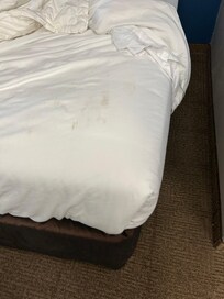 This is the bed as we pulled it back to check for bedbugs the stains on the comforter