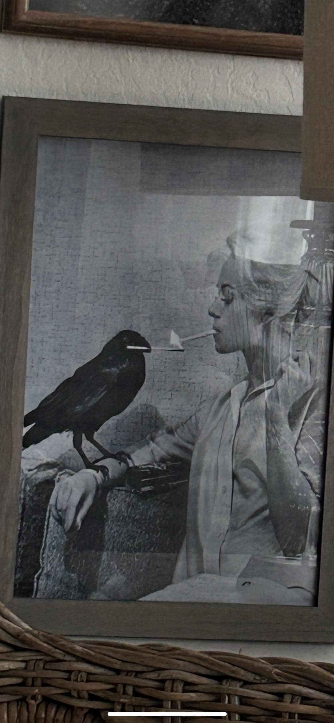 Fun print in living room. Love the movie, The birds.