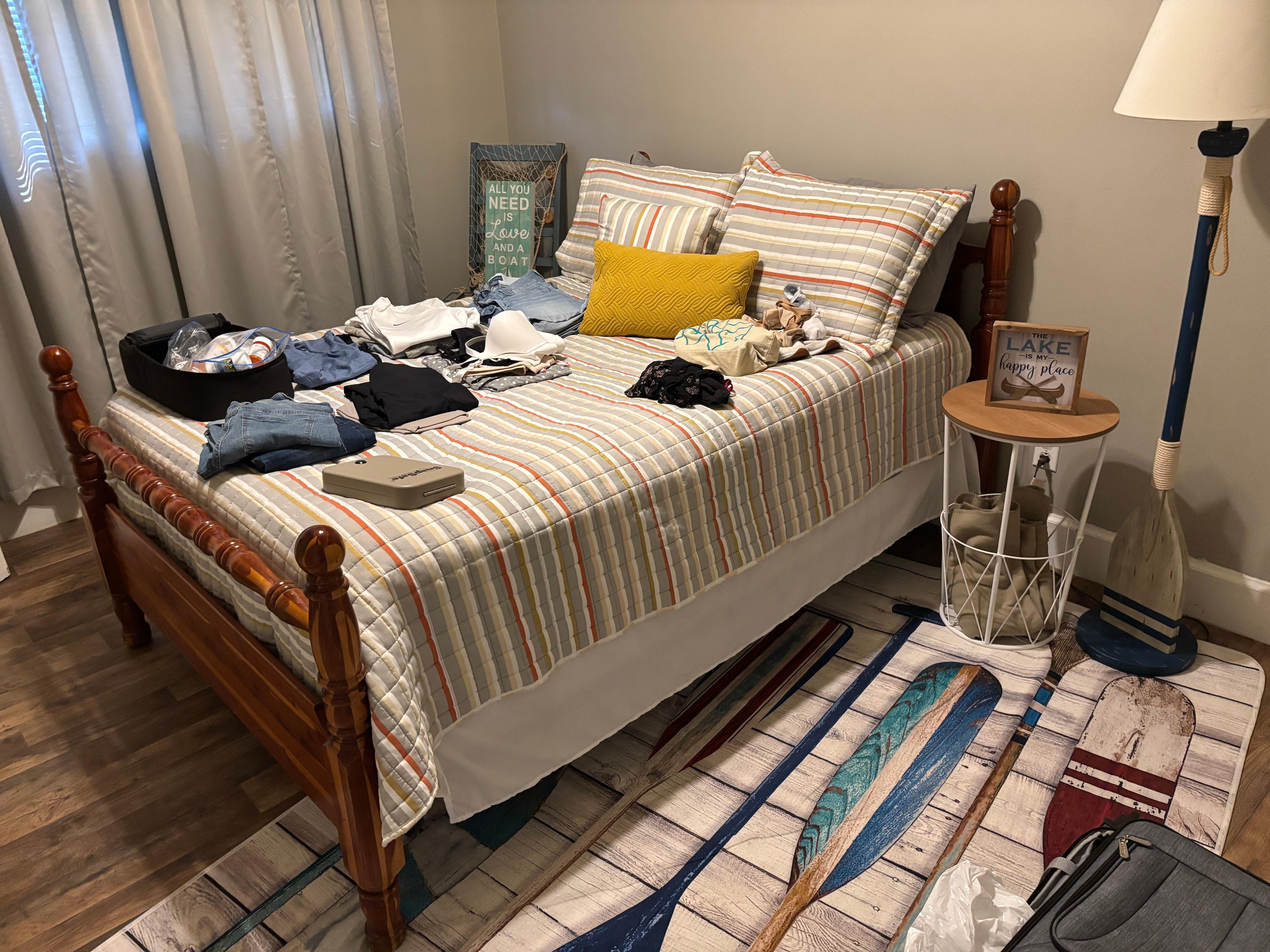 Had to use extra beds to accommodate the clothes. No dressers or drawers. 