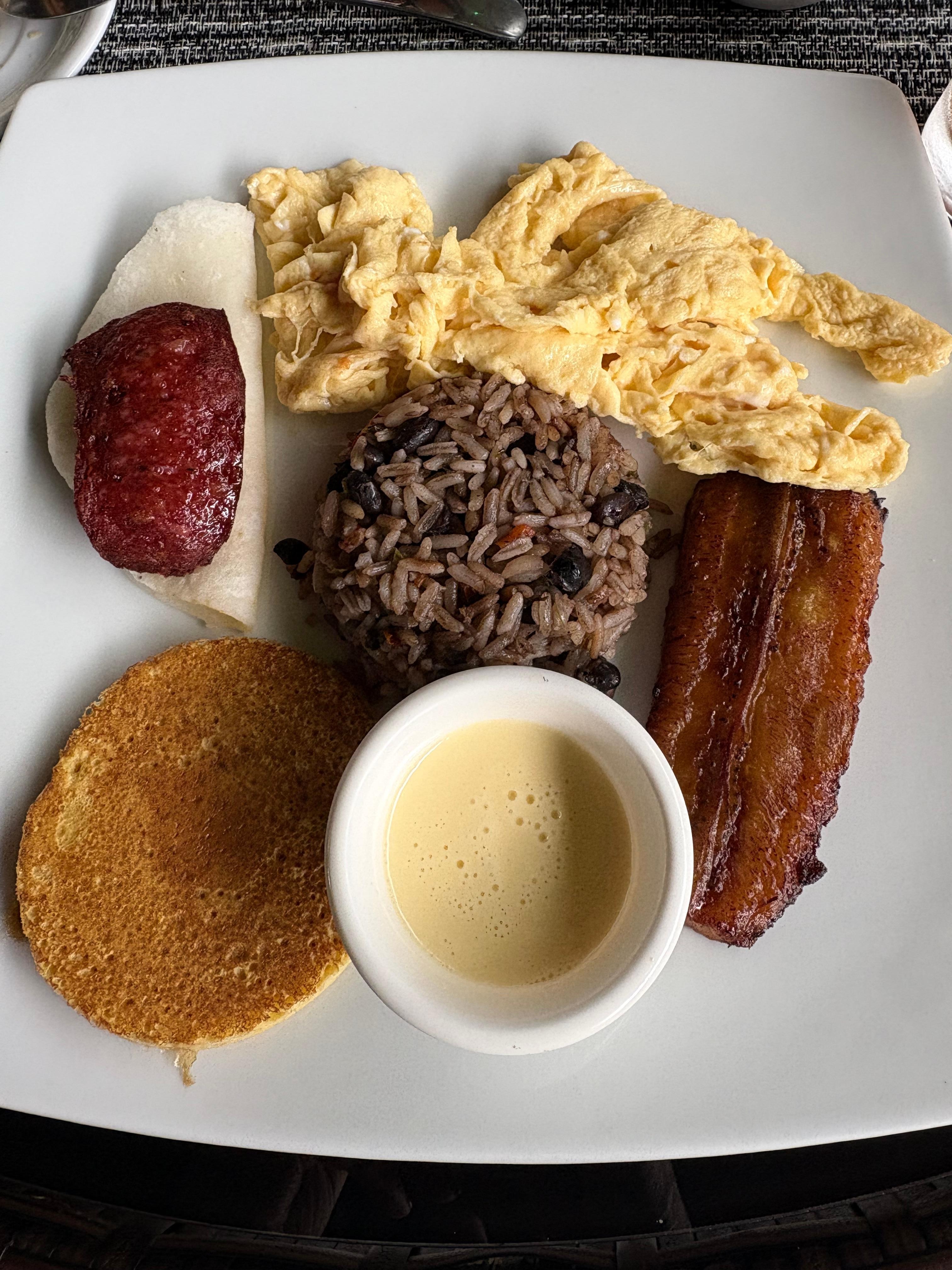 “American” breakfast which also inc. fresh fruit bowl, coffee, fresh squeezed juice and basket of pastries