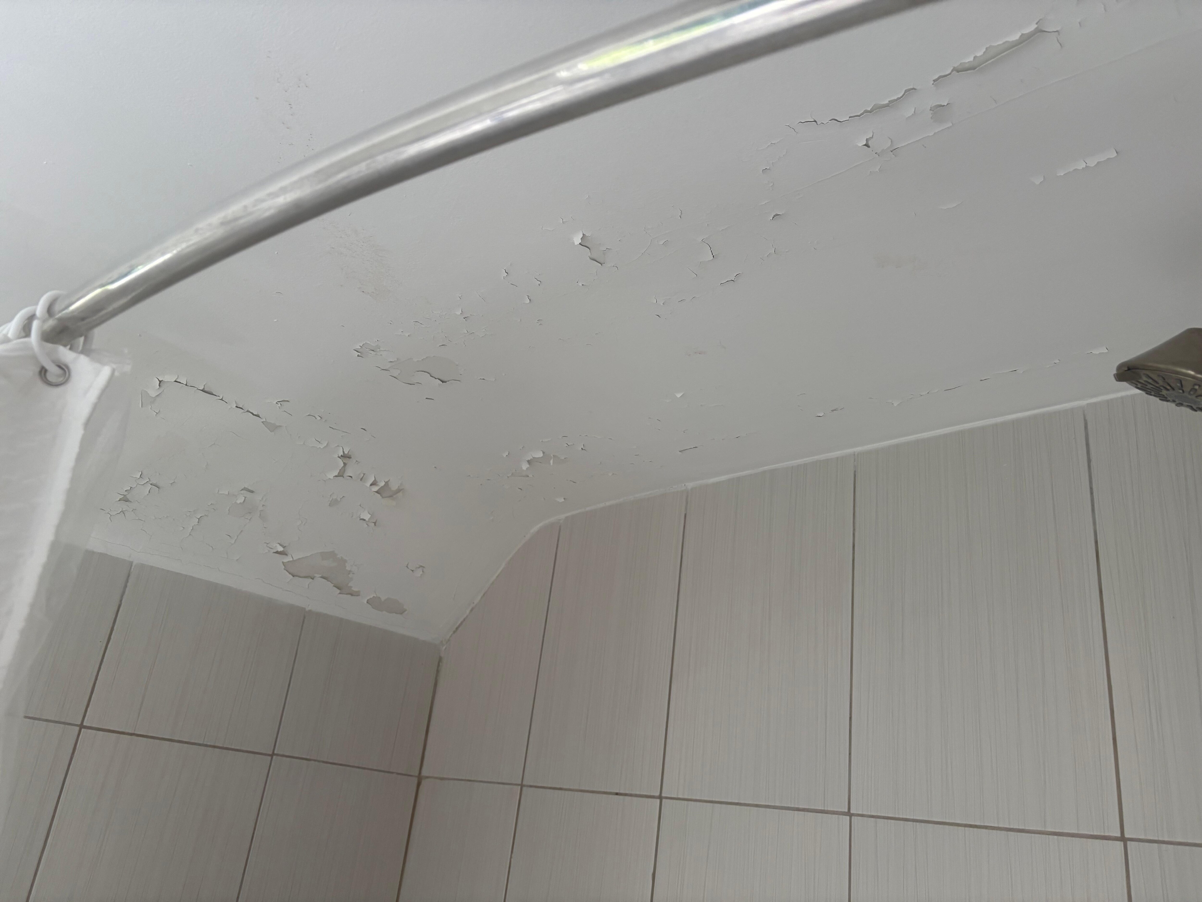 Peeling bathroom paint; ran out of pictures but below bathroom the ceiling was full of water stains like there is a leak