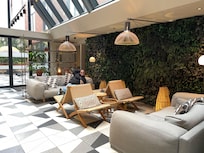 Reception area. Behind the glass doors at the bottom, the nicest smoking area I’ve seen in a long time