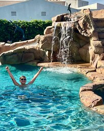 This grandson set his alarm to 8:58 every morning so he could jump in the pool at 9, when pool hours began.