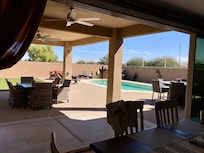 Kitchen to outside with sliding glass door open