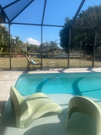 Relaxing private pool with pond and backyard in background!