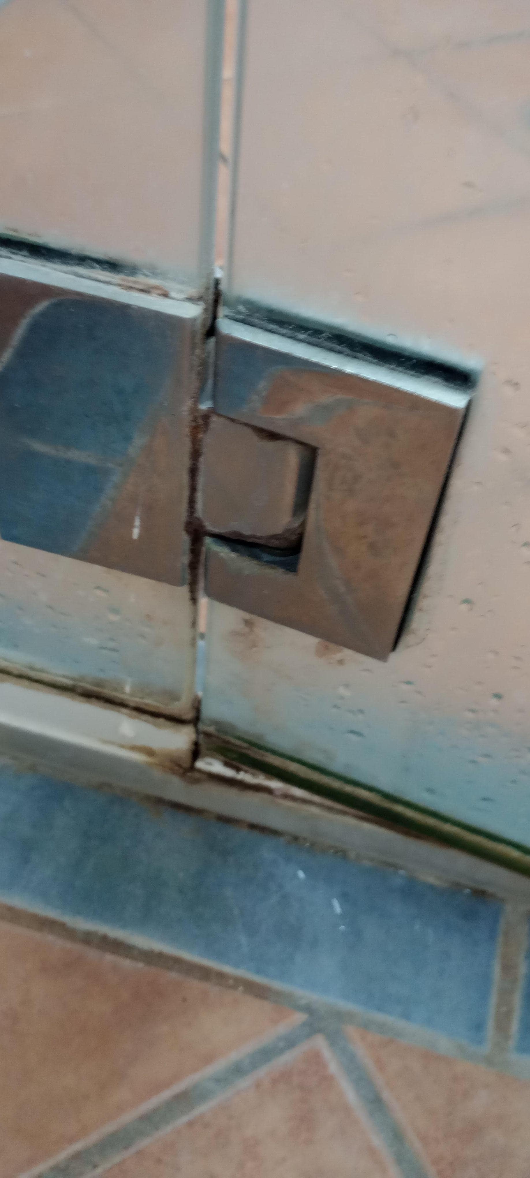 Dirty glass shower door never ever been cleaned 