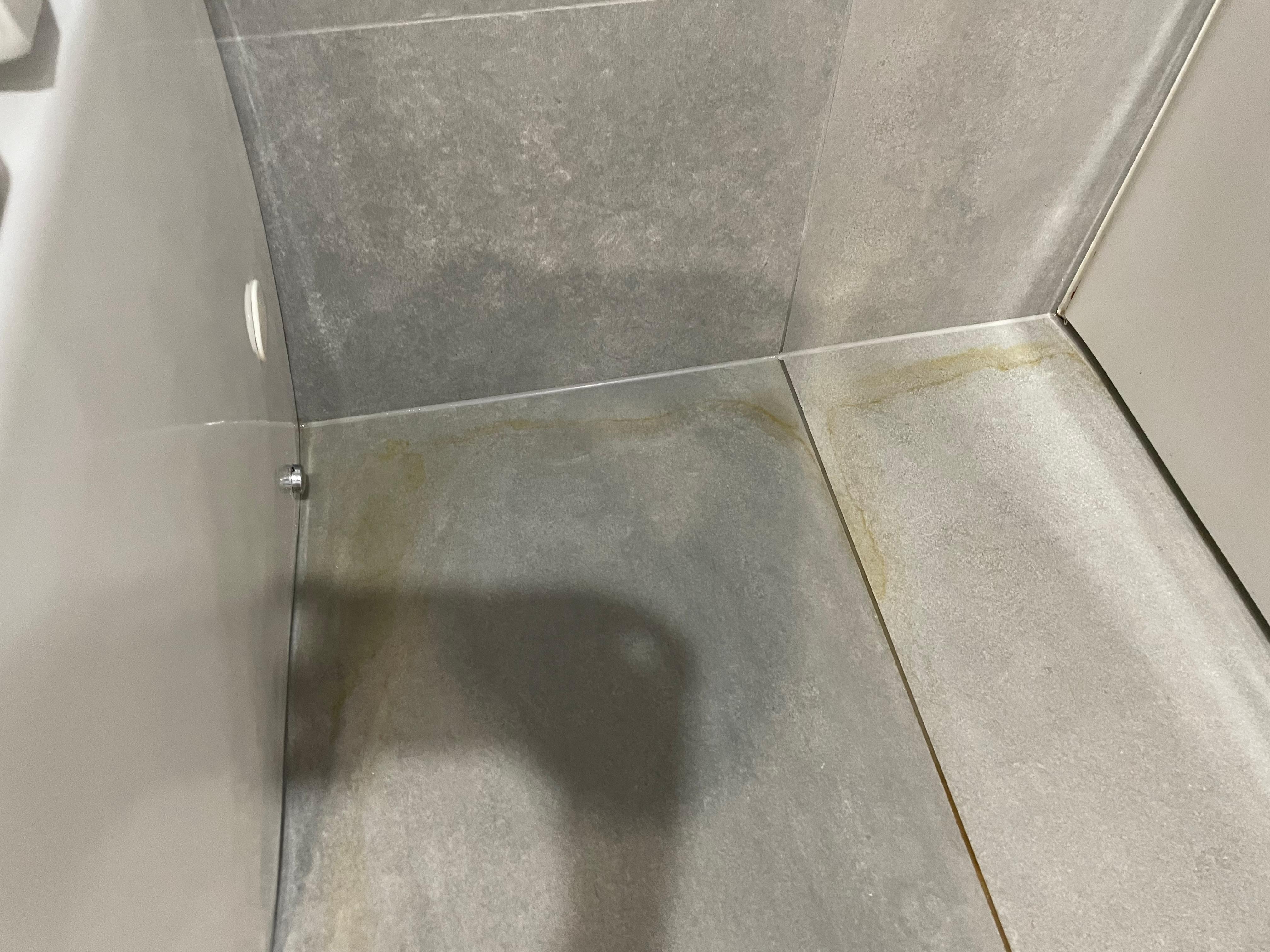 The space between the toilet and bathe had what looked like urine stain. 