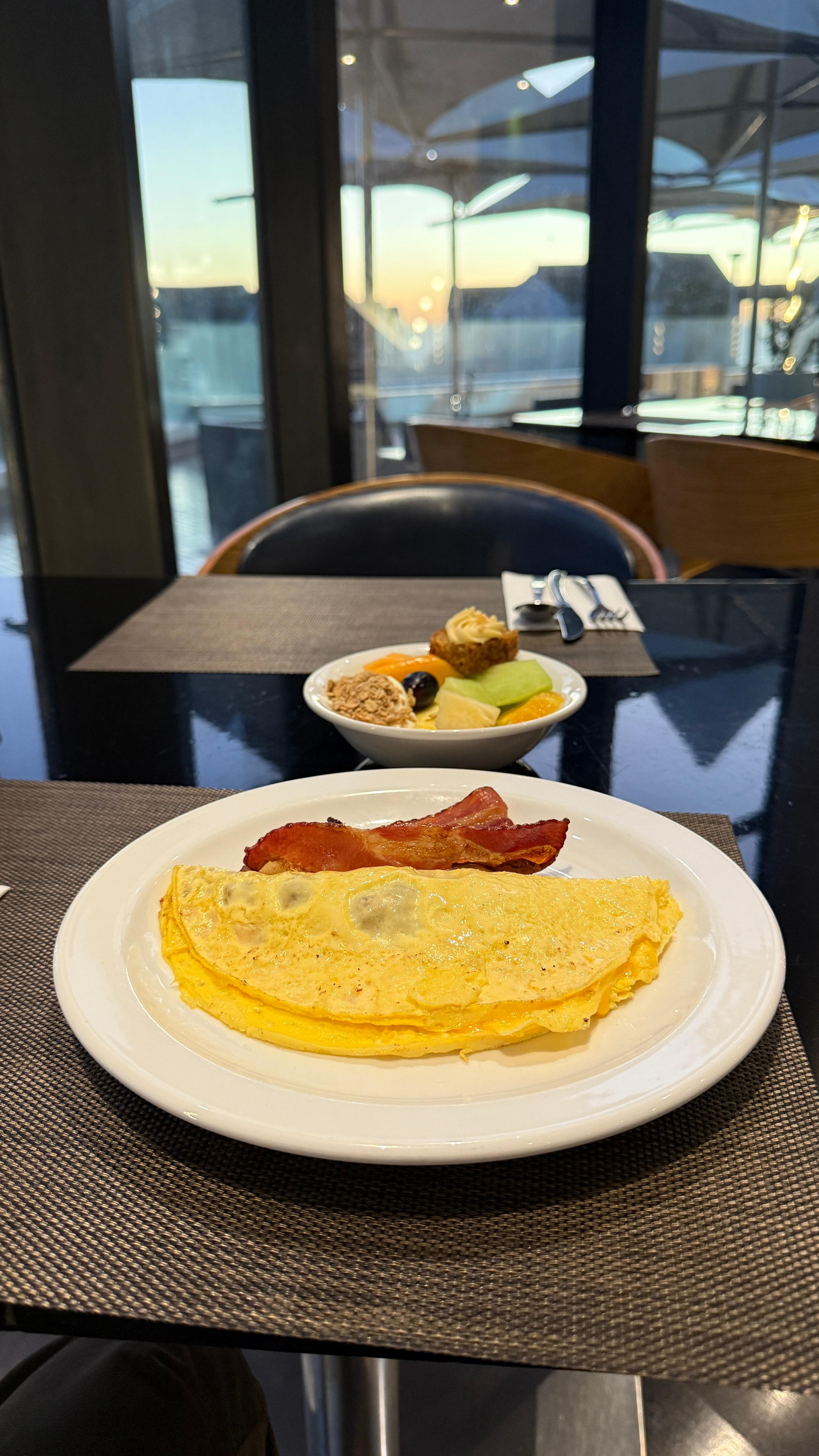 Breakfast has many options and a view of pool and ocean.