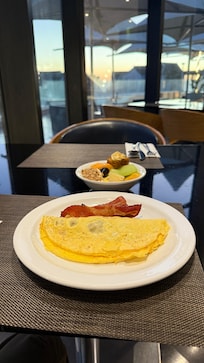 Breakfast has many options and a view of pool and ocean.
