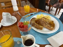 Our last breakfast...french toast and eggs. Always served with fruit, yogurt, coffee and juice. Yummy!