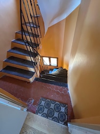 There are stairs but only once up and once down with luggage! They help burn off all the pastries, bread, wine, and desserts!