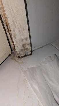 Pavimento bagnato a causa delle perdite del boiler e muffa sulla porta.