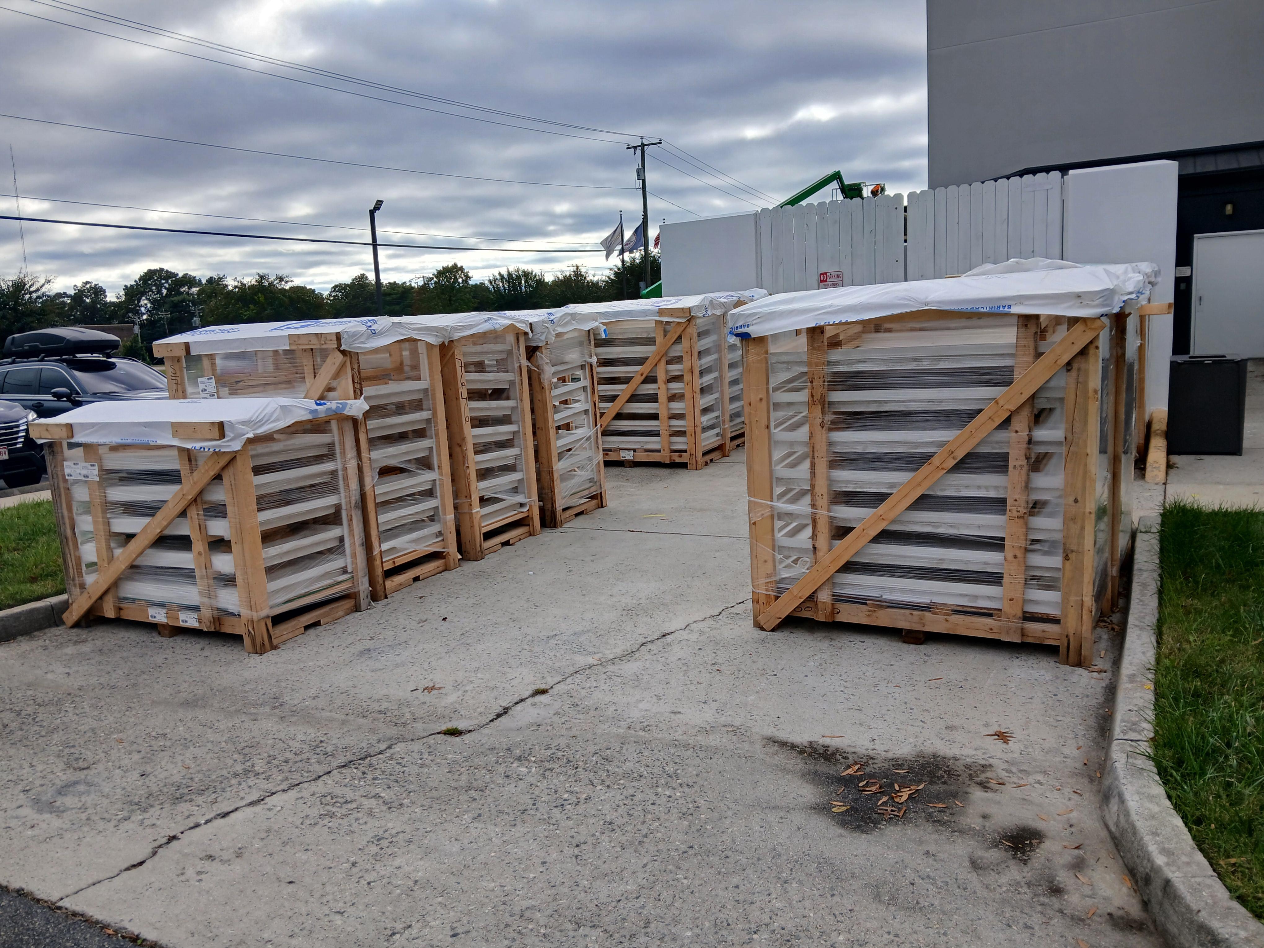 Building supplies stacked up by side entrance