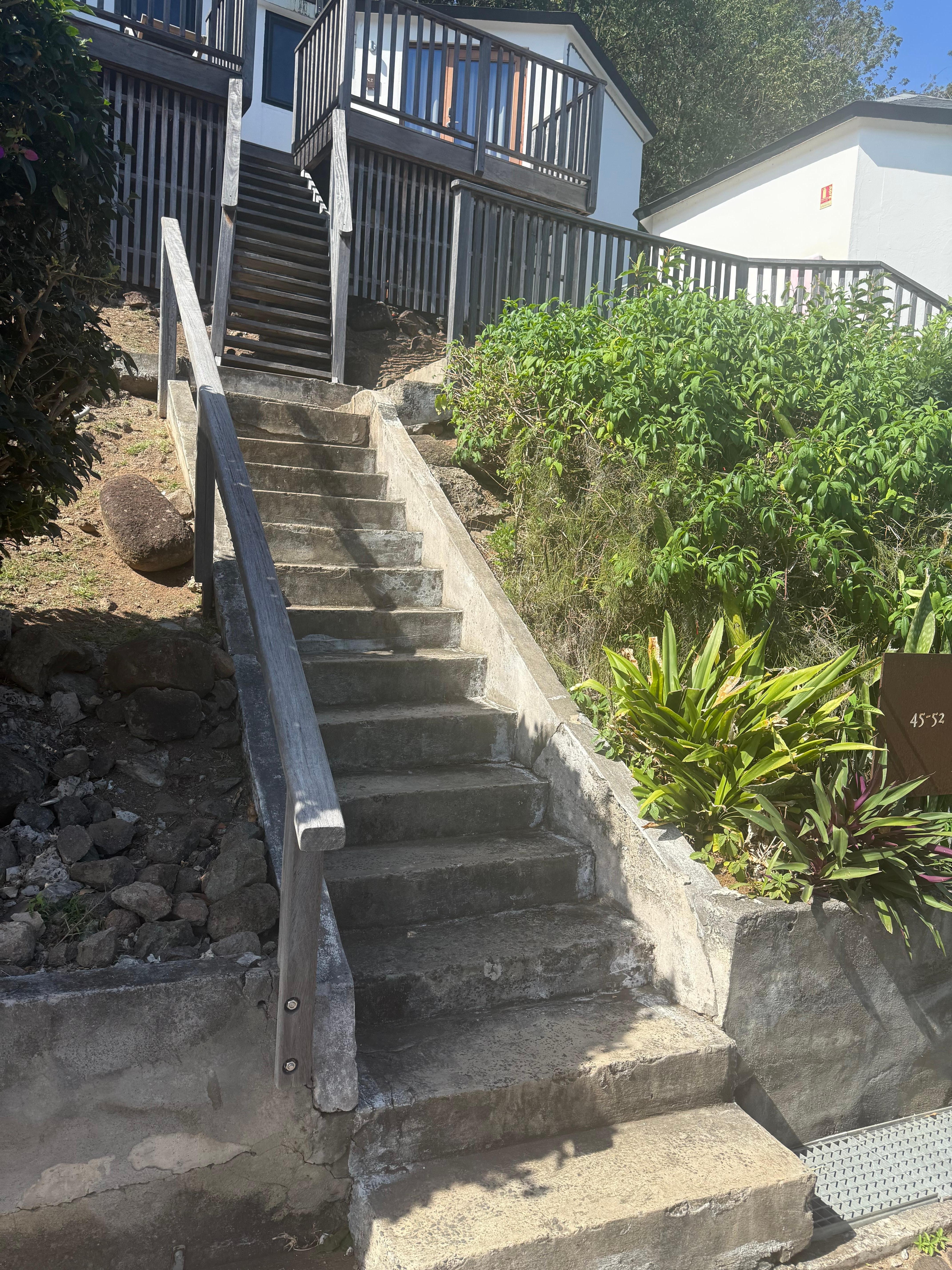 Steep steps to garden bungalows