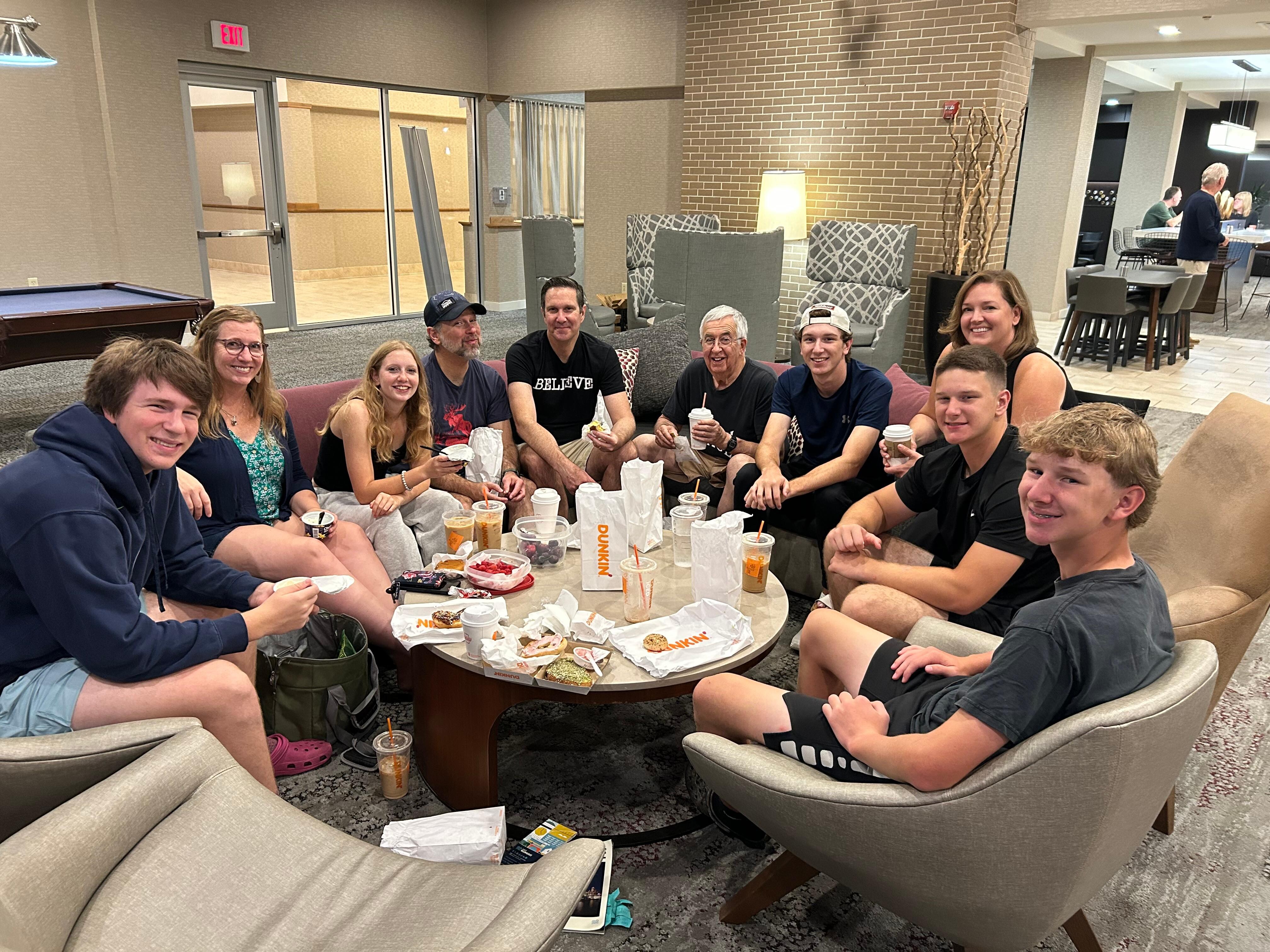 Breakfast in lobby with a family of 11