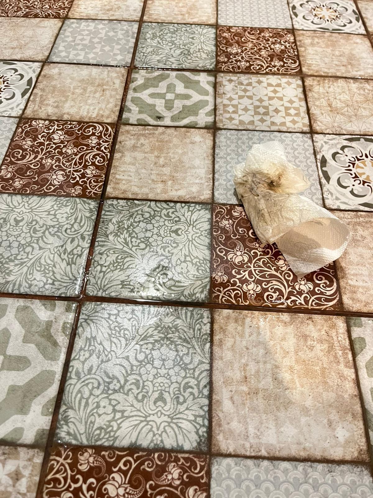 Bathroom after trying to dry it with the bath mat,Still durty and wet.Water came out of the joint.