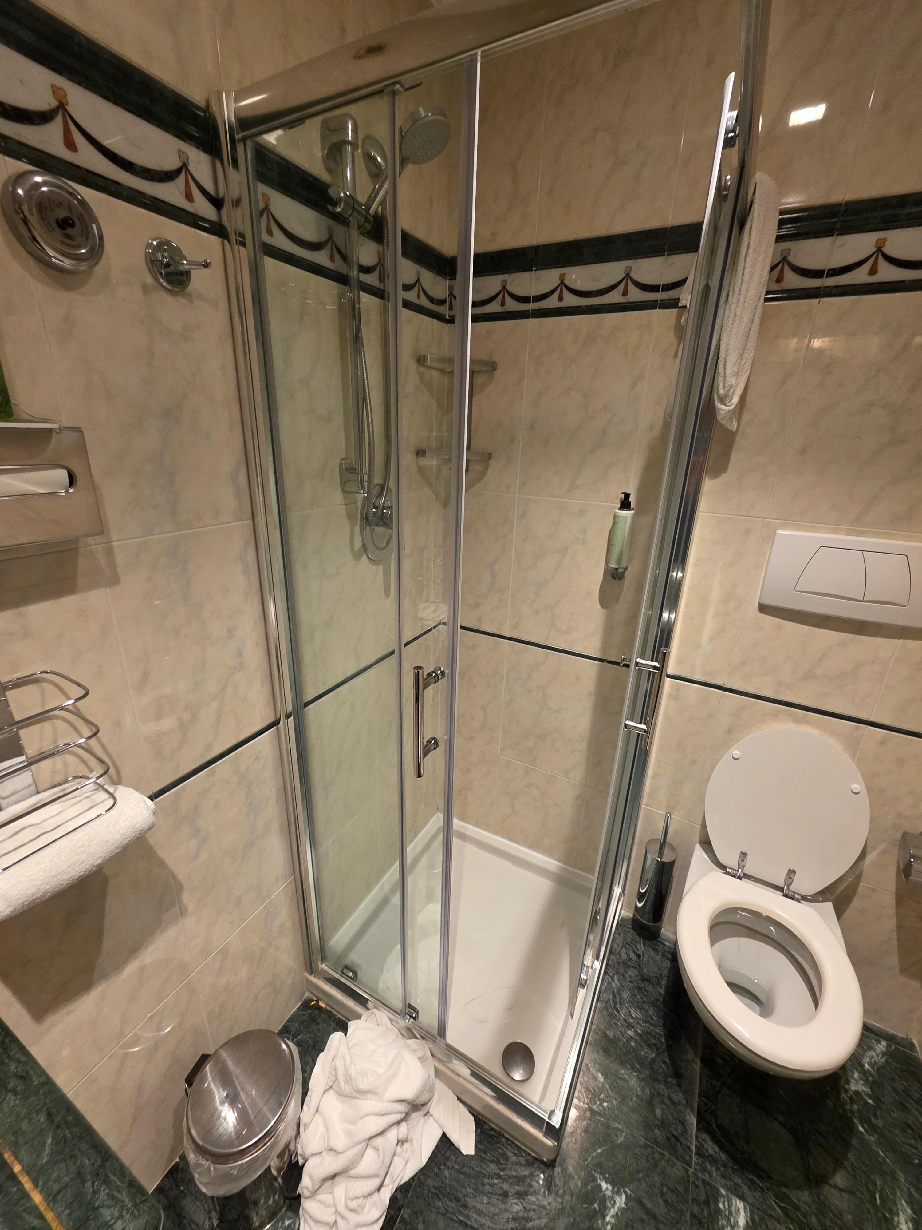 Fot taller or larger people. The shower in room 201 the glass doors do not open sufficiently enough. The room is small which is fine for a business solo trip. If on holiday ask for a bigger room. You will love the large pool Rome is HOT