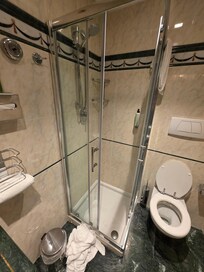 Fot taller or larger people. The shower in room 201 the glass doors do not open sufficiently enough. The room is small which is fine for a business solo trip. If on holiday ask for a bigger room. You will love the large pool Rome is HOT